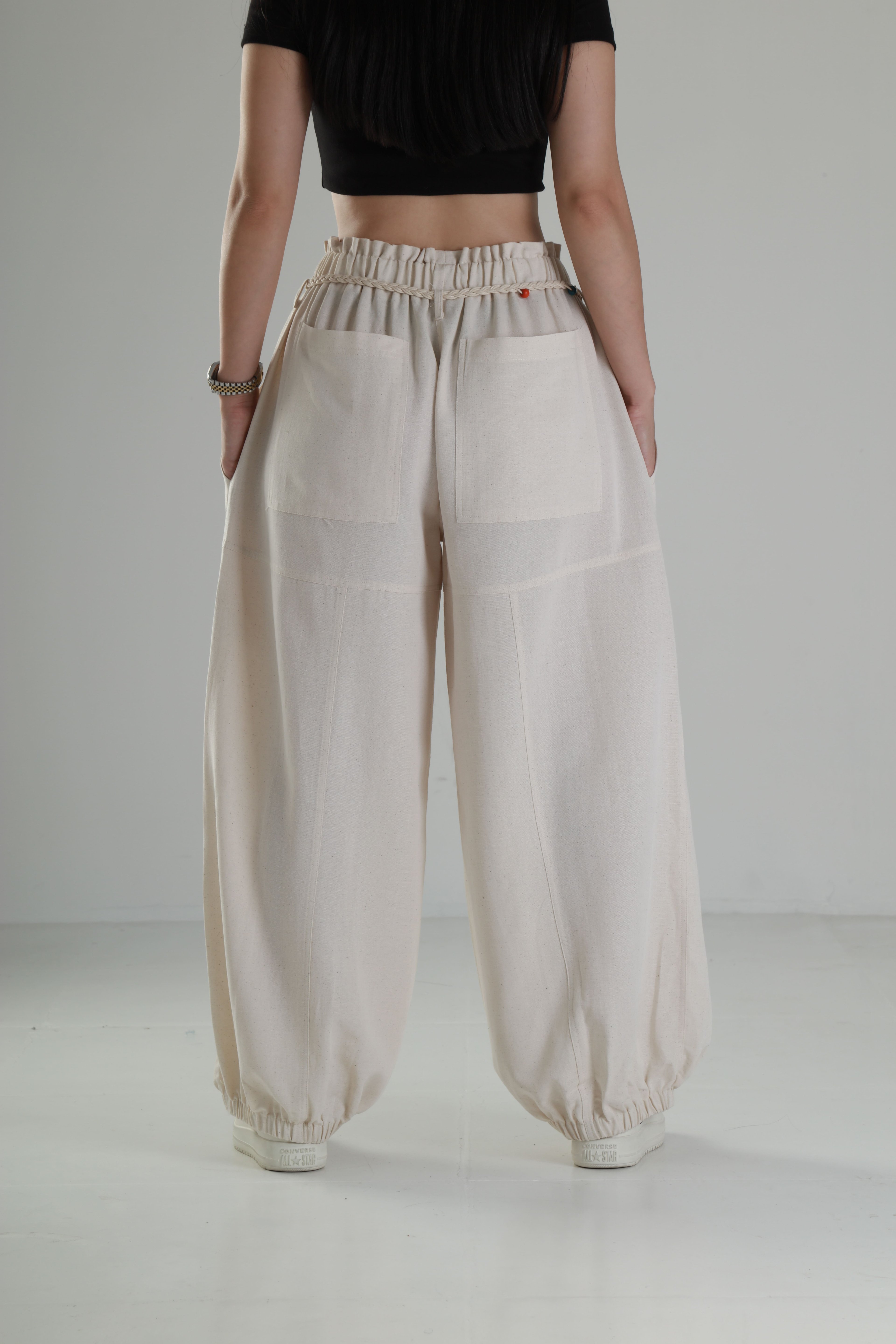 Tasarım Keten Bej Baggy Pantolon