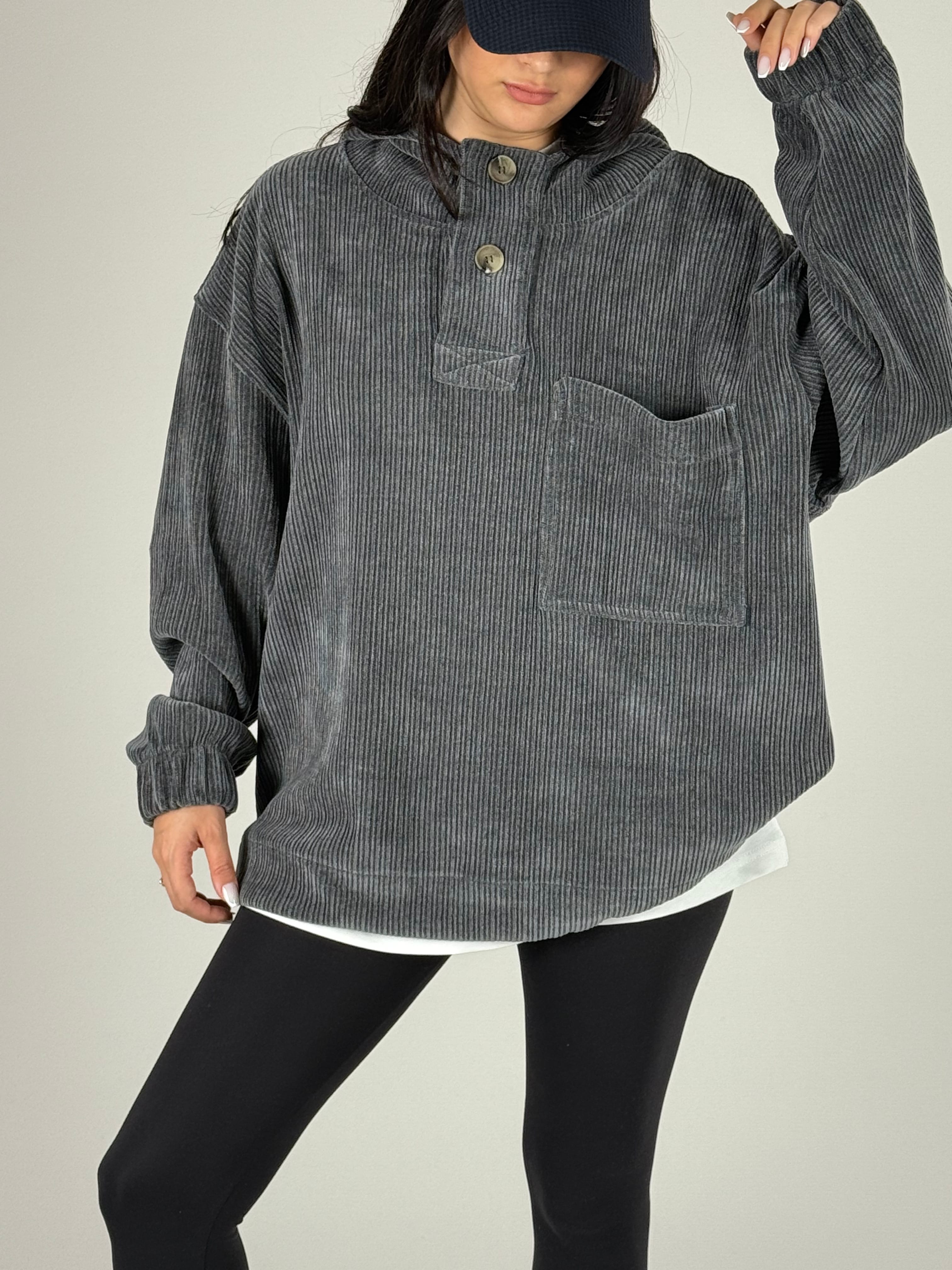 Kadife Dokulu Antrasit Oversize Kapüşonlu Kadın Sweatshirt