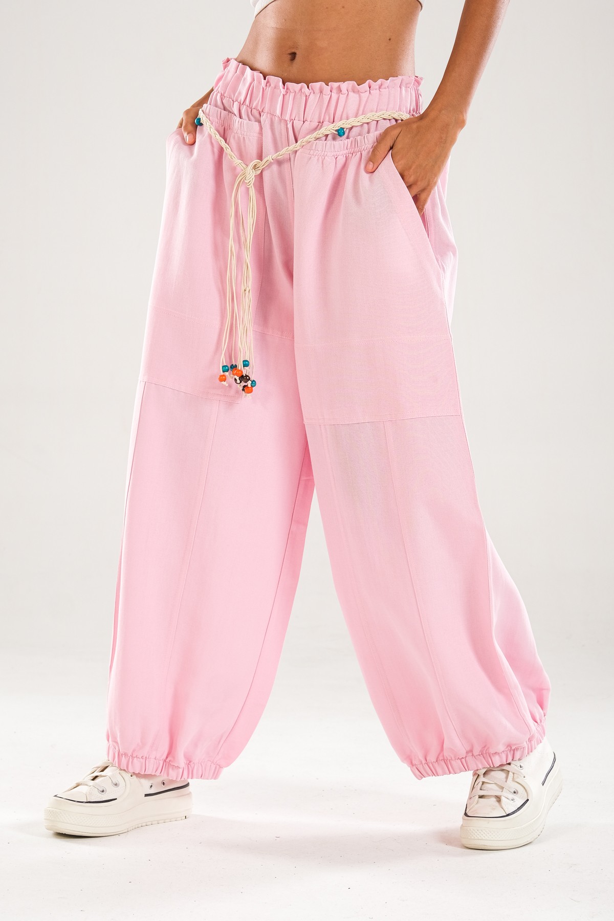 Tasarım Keten Pembe Baggy Pantolon