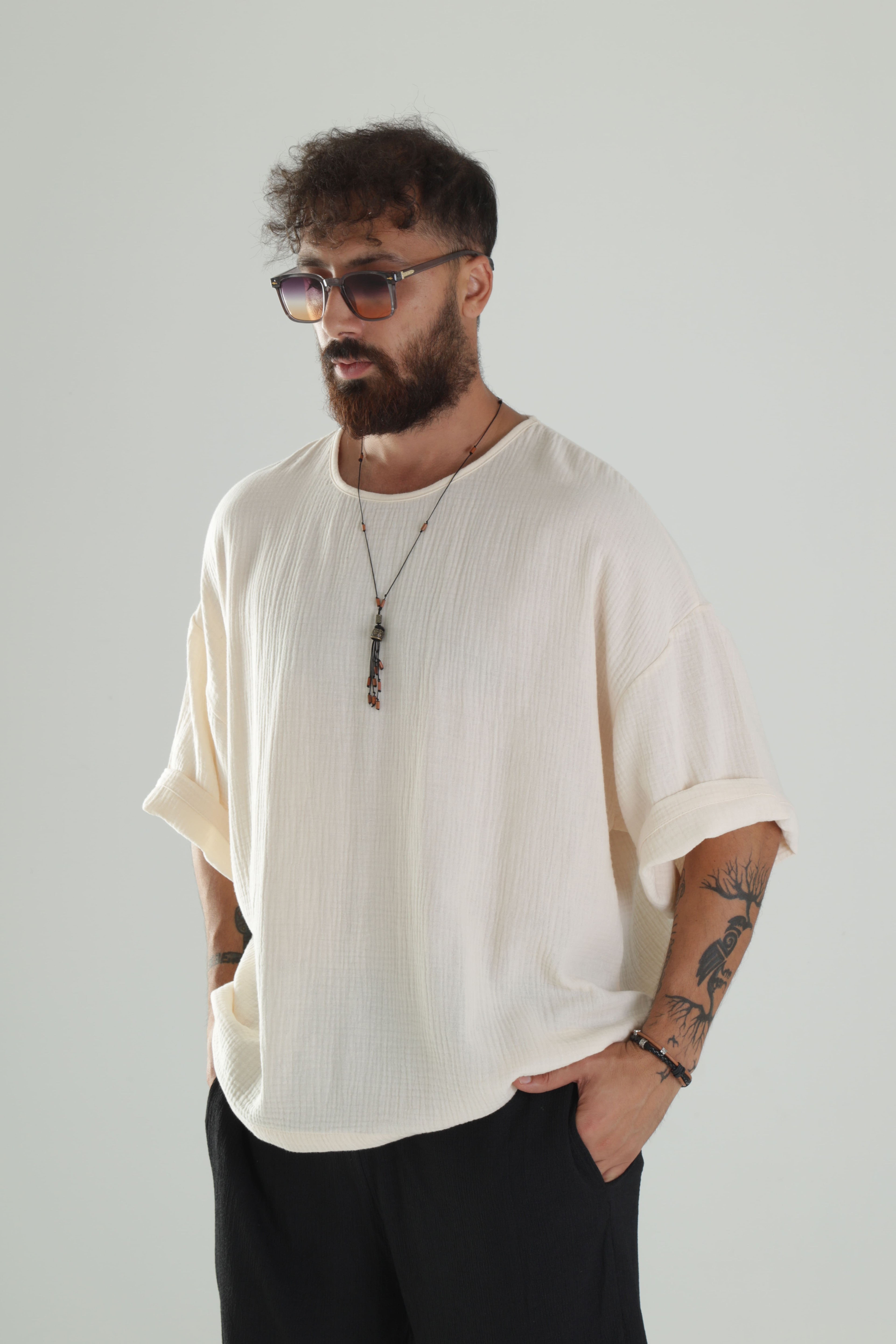 Bej Müslin Kumaş Oversize Fakir Kol T-Shirt