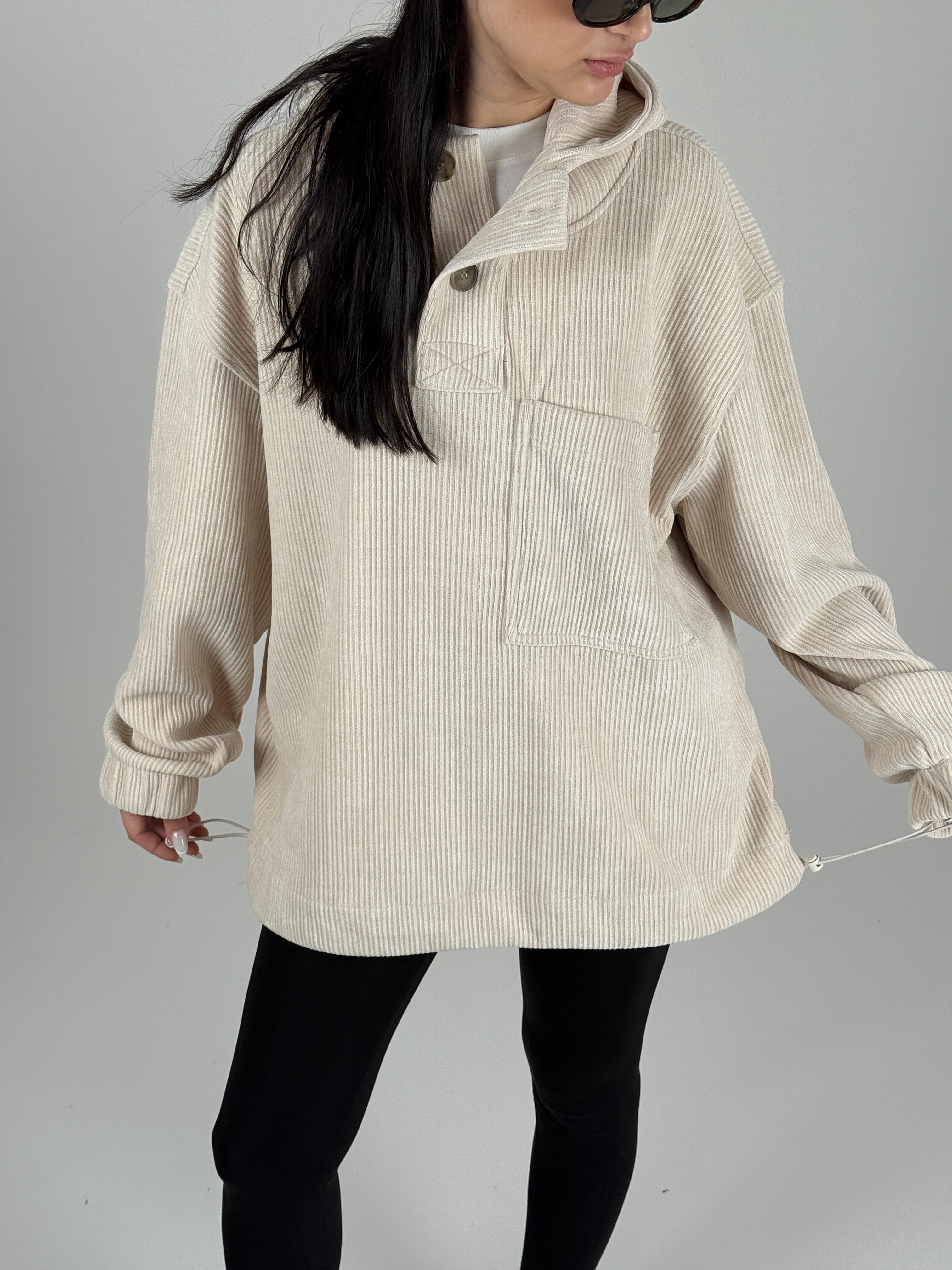Kadife Dokulu Bej Oversize Kapüşonlu Kadın Sweatshirt