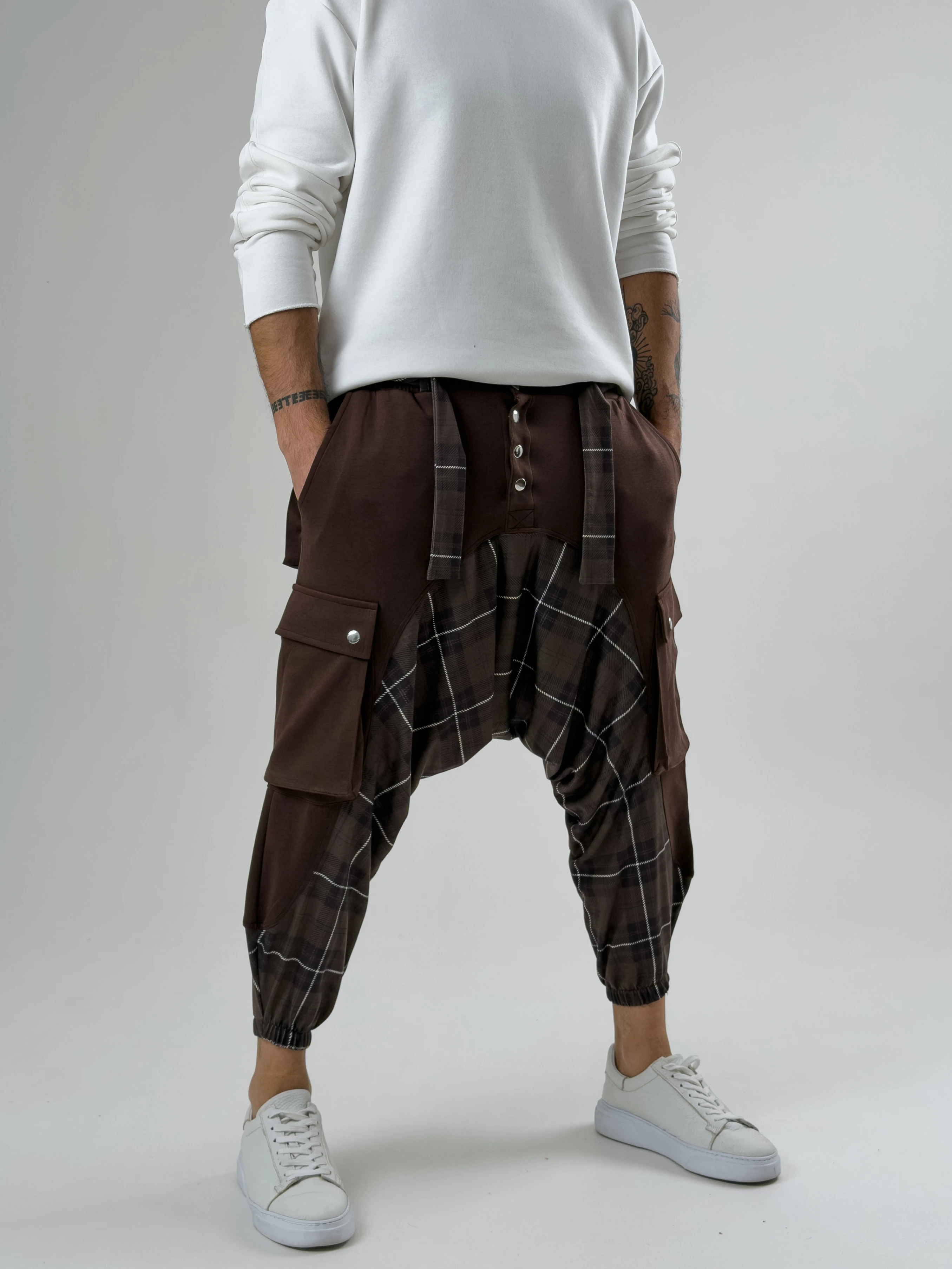 Garni Tasarım Erkek Kahverengi Etnik Desenli Spor Şalvar COC2616