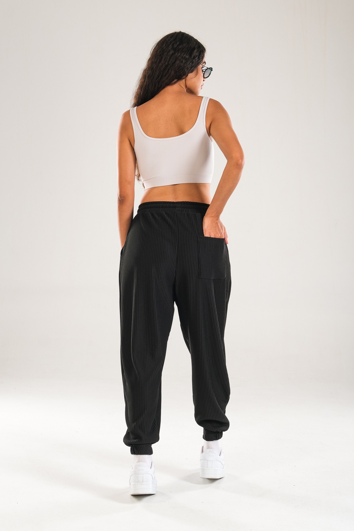 Siyah Fitilli Pileli Jogger Pantolon