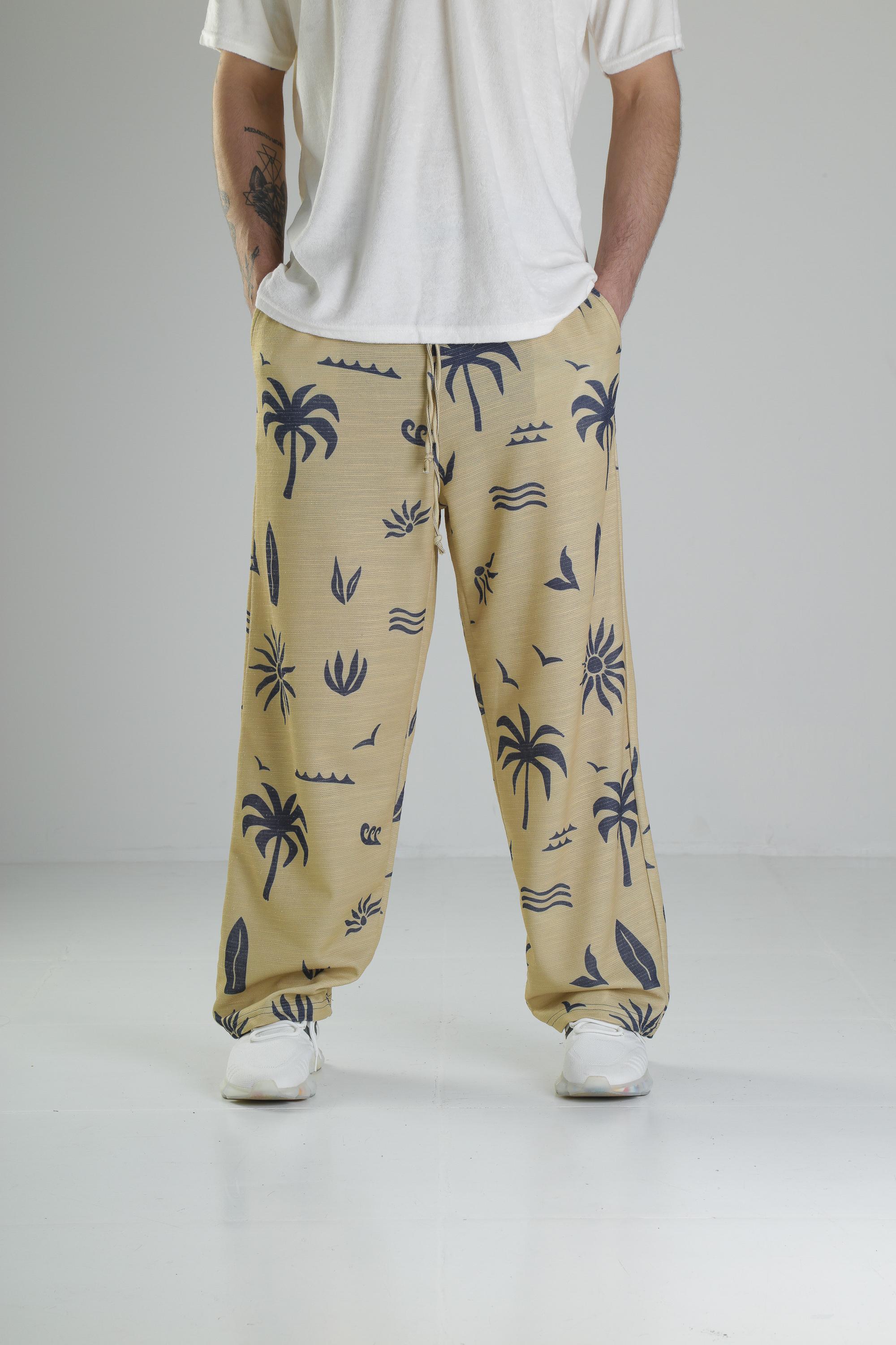 Ağaç Desenli Sarı Baggy Pantolon