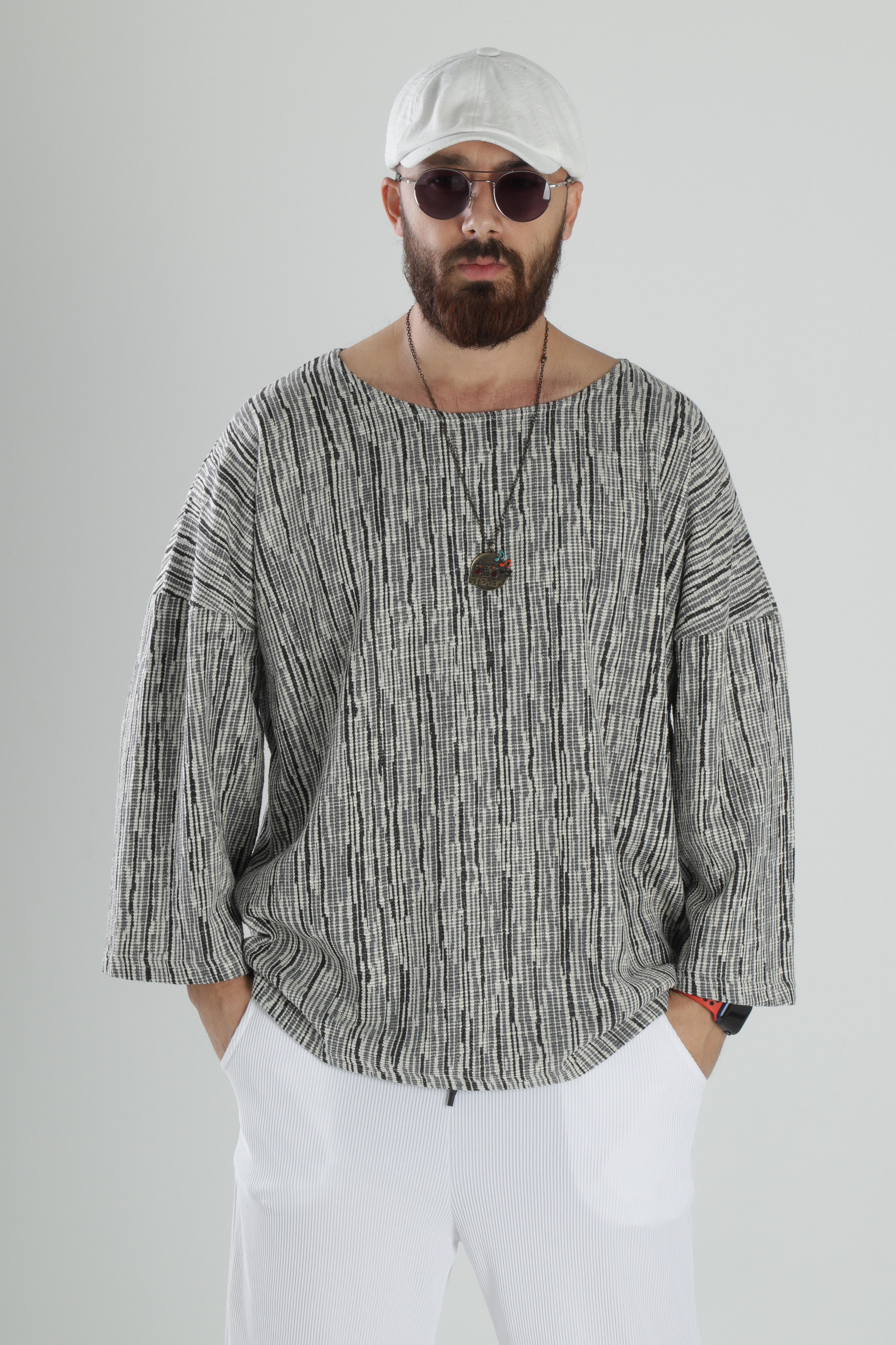 Desenli Pamuk Fakir Kol T-Shirt