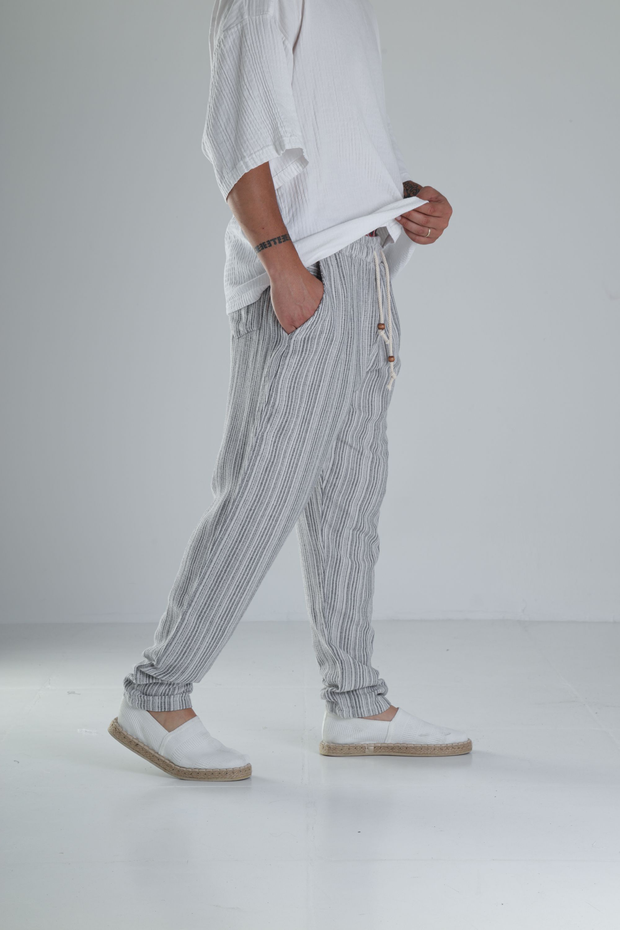 Gri Çizgili Müslin Keten Baggy Pantolon