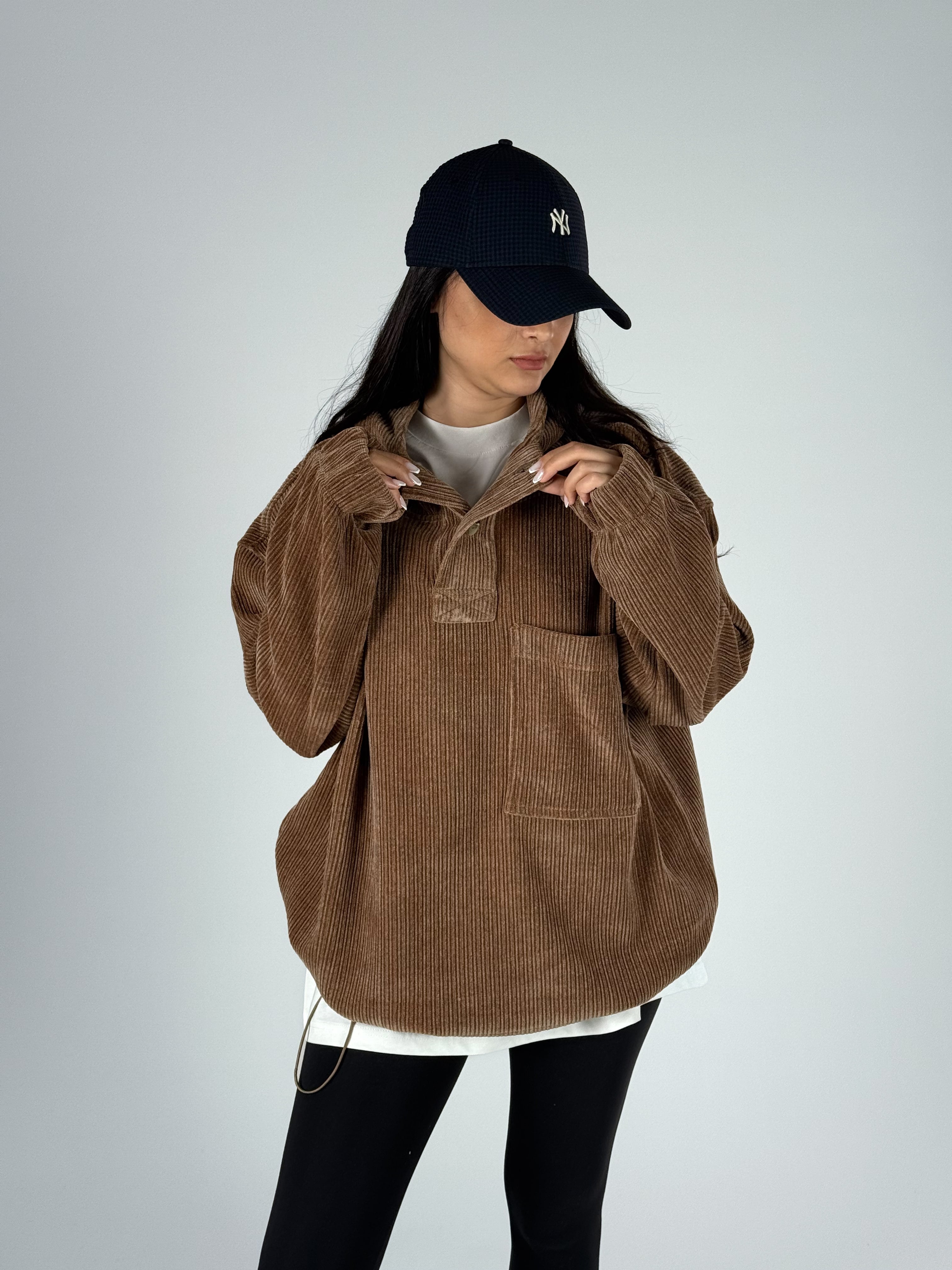 Kadife Dokulu Kahve Oversize Kapüşonlu Kadın Sweatshirt