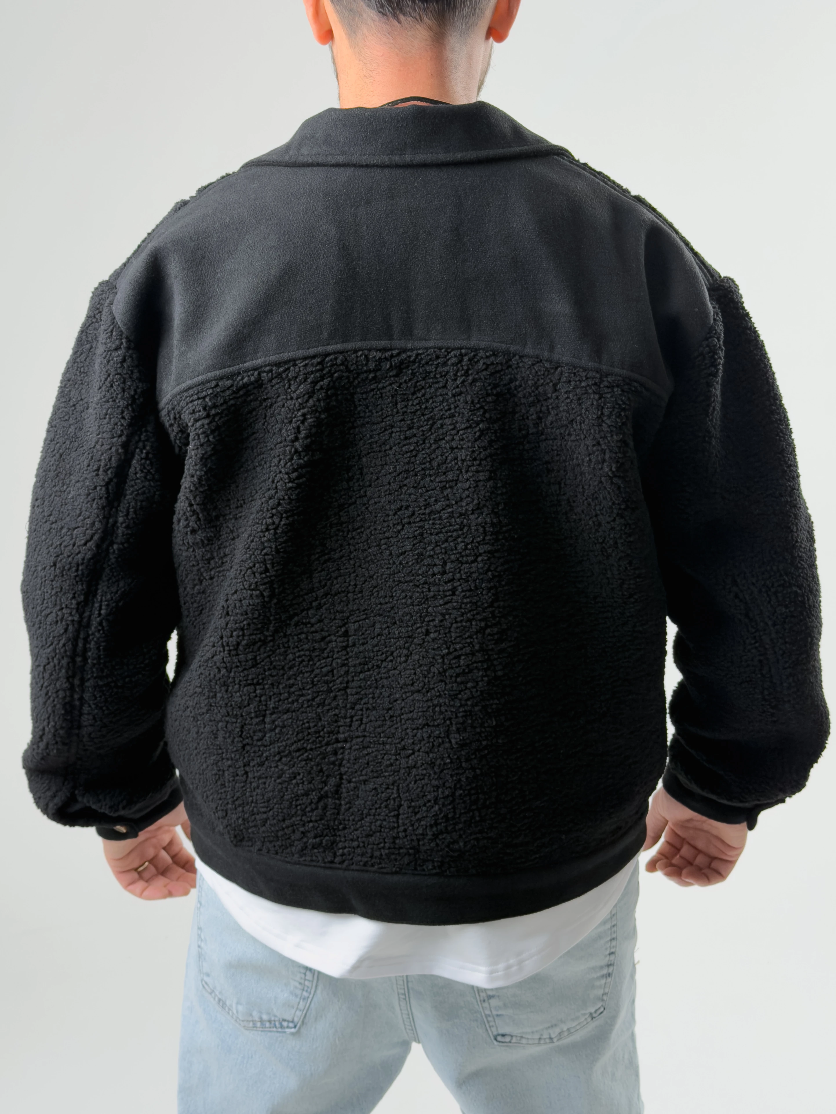 Erkek Kaşe Detaylı Siyah Peluş Hırka COC2586