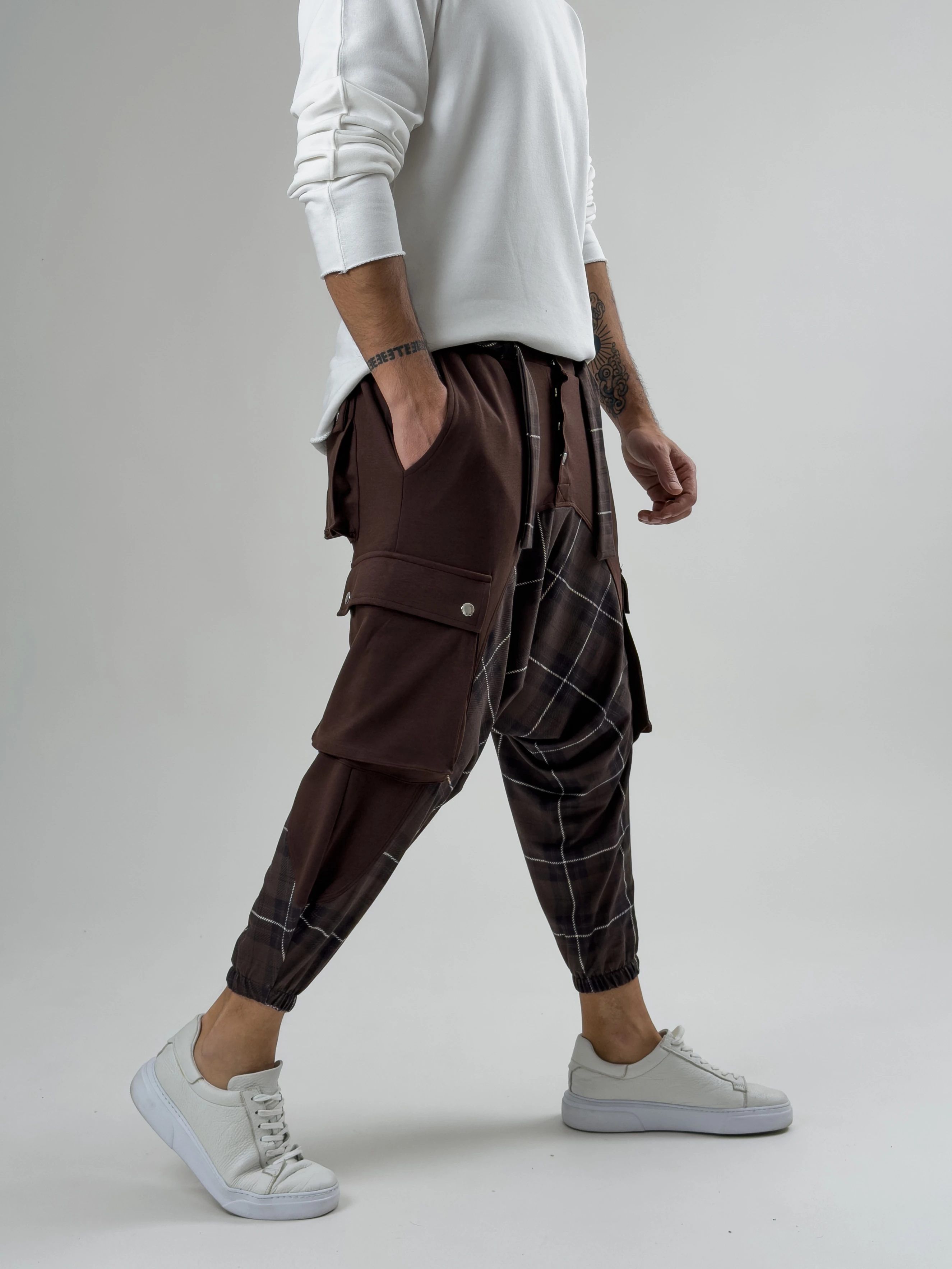 Garni Tasarım Erkek Kahverengi Etnik Desenli Spor Şalvar COC2616