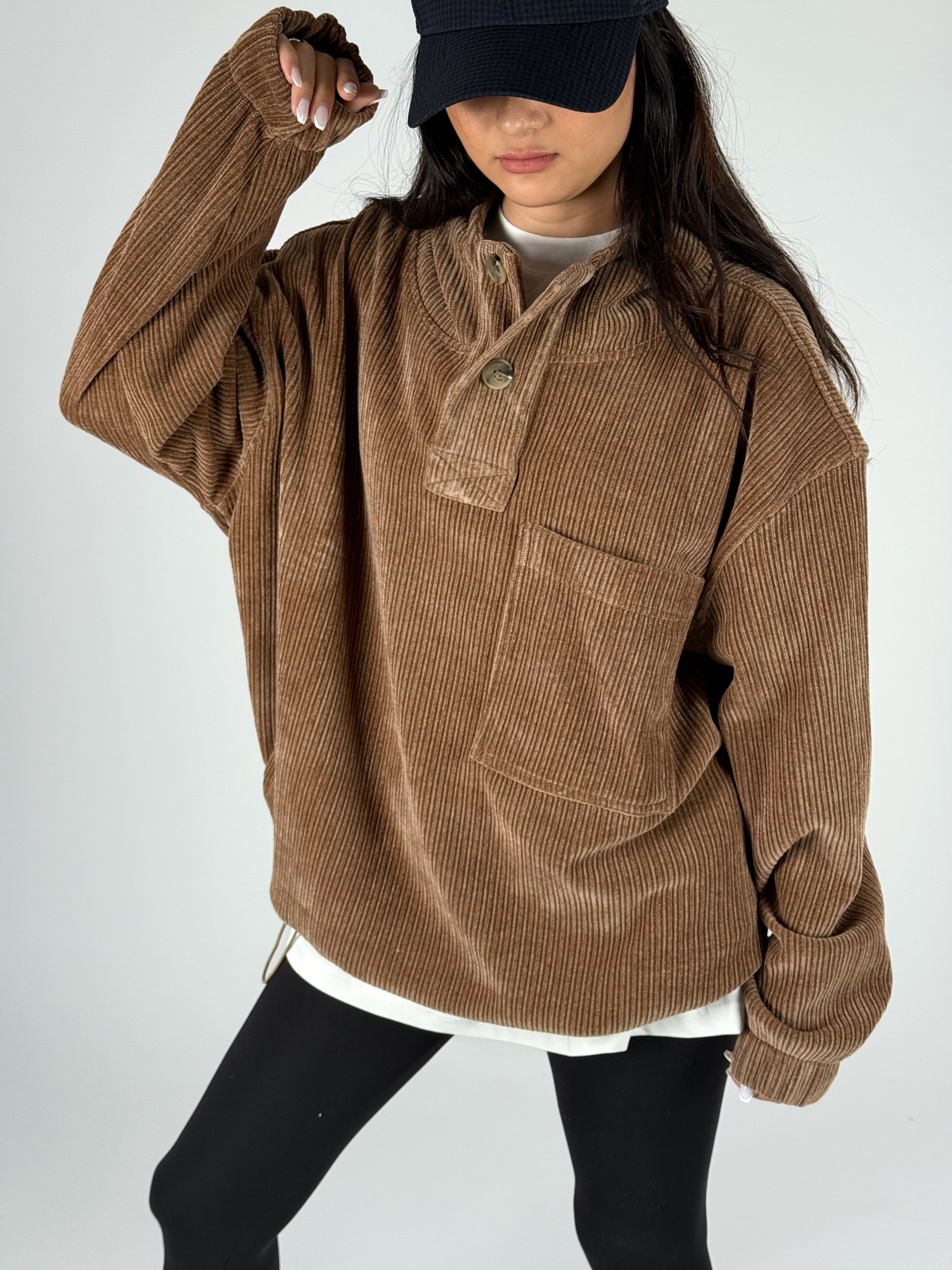 Kadife Dokulu Kahve Oversize Kapüşonlu Kadın Sweatshirt