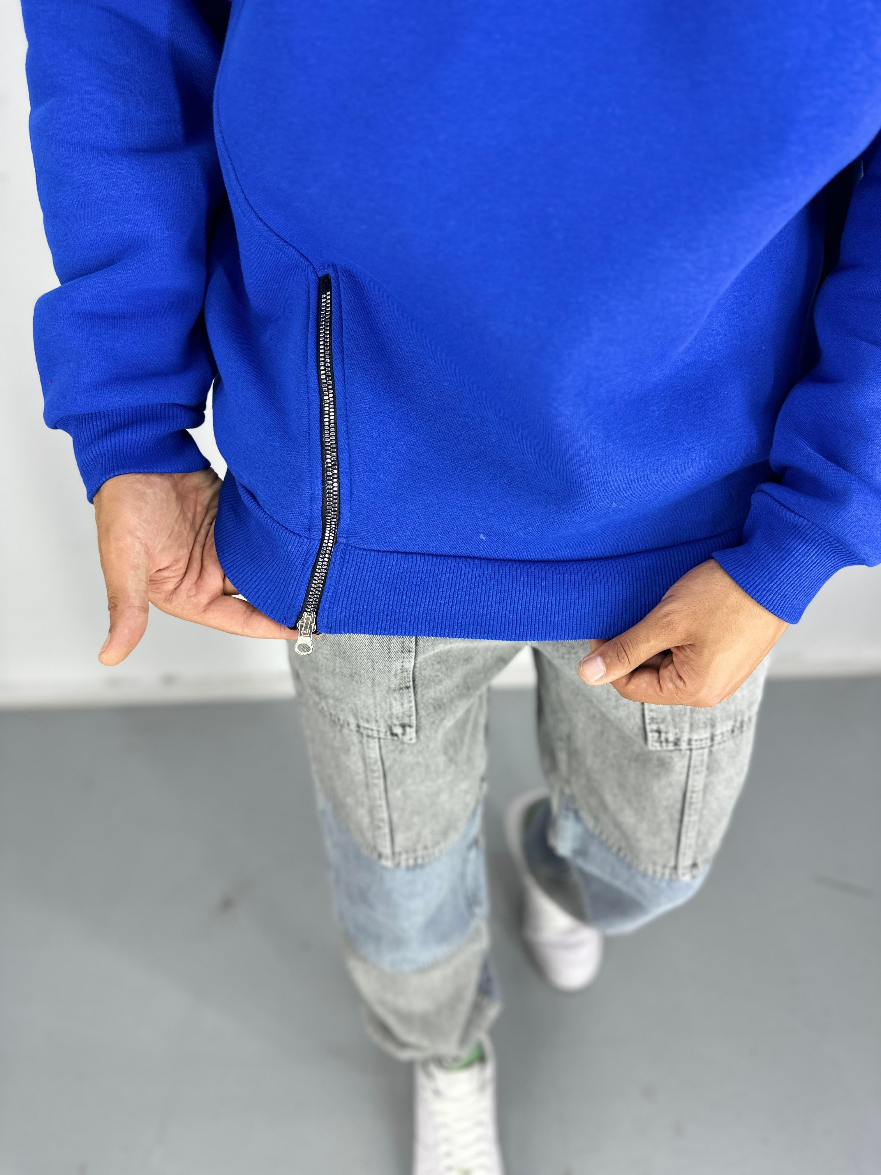 Erkek Üç İplik Şardonlu Fermuarlı Mavi Hoodie