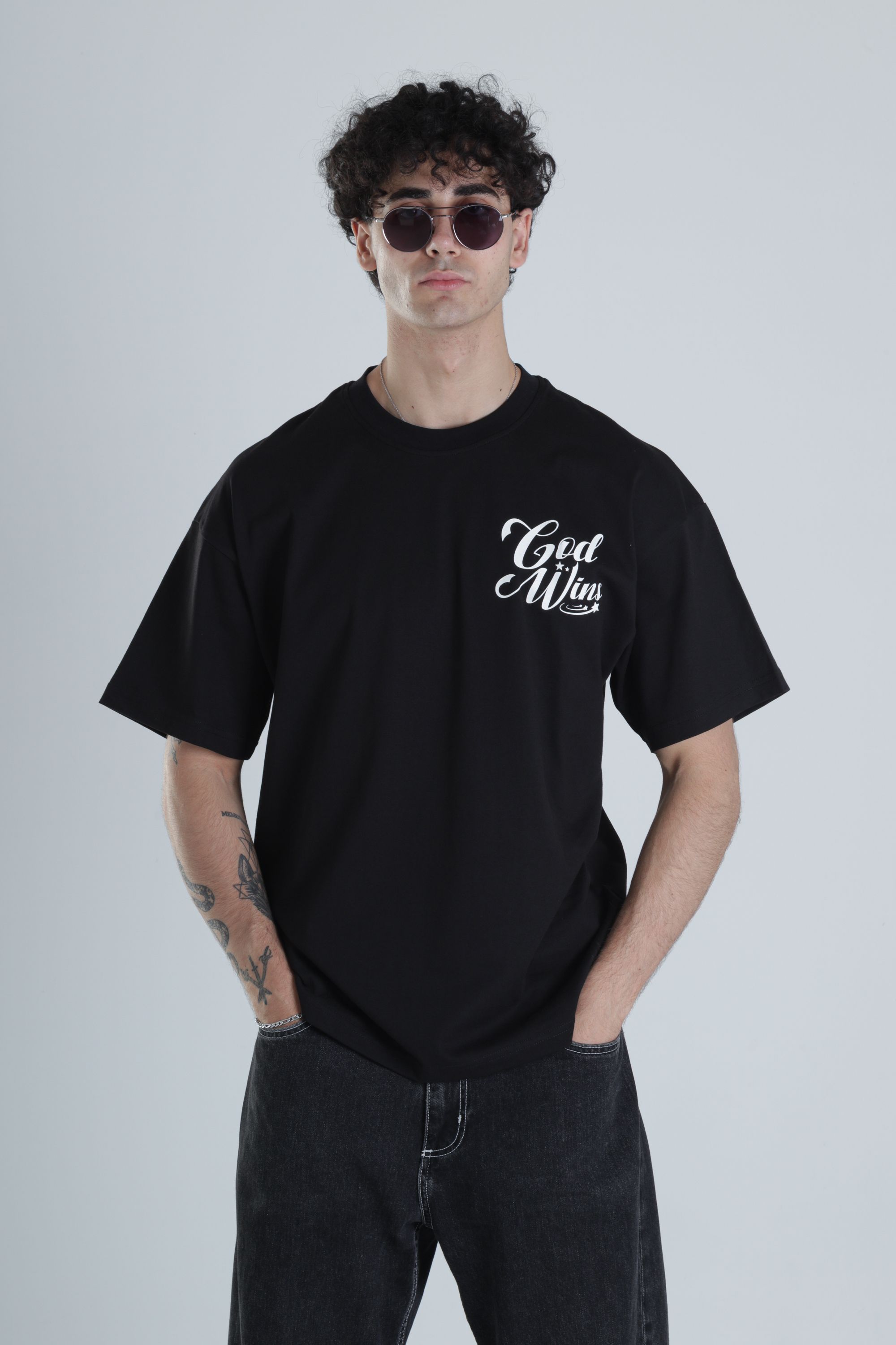 God Wins Siyah Oversize Tasarım T-Shirt