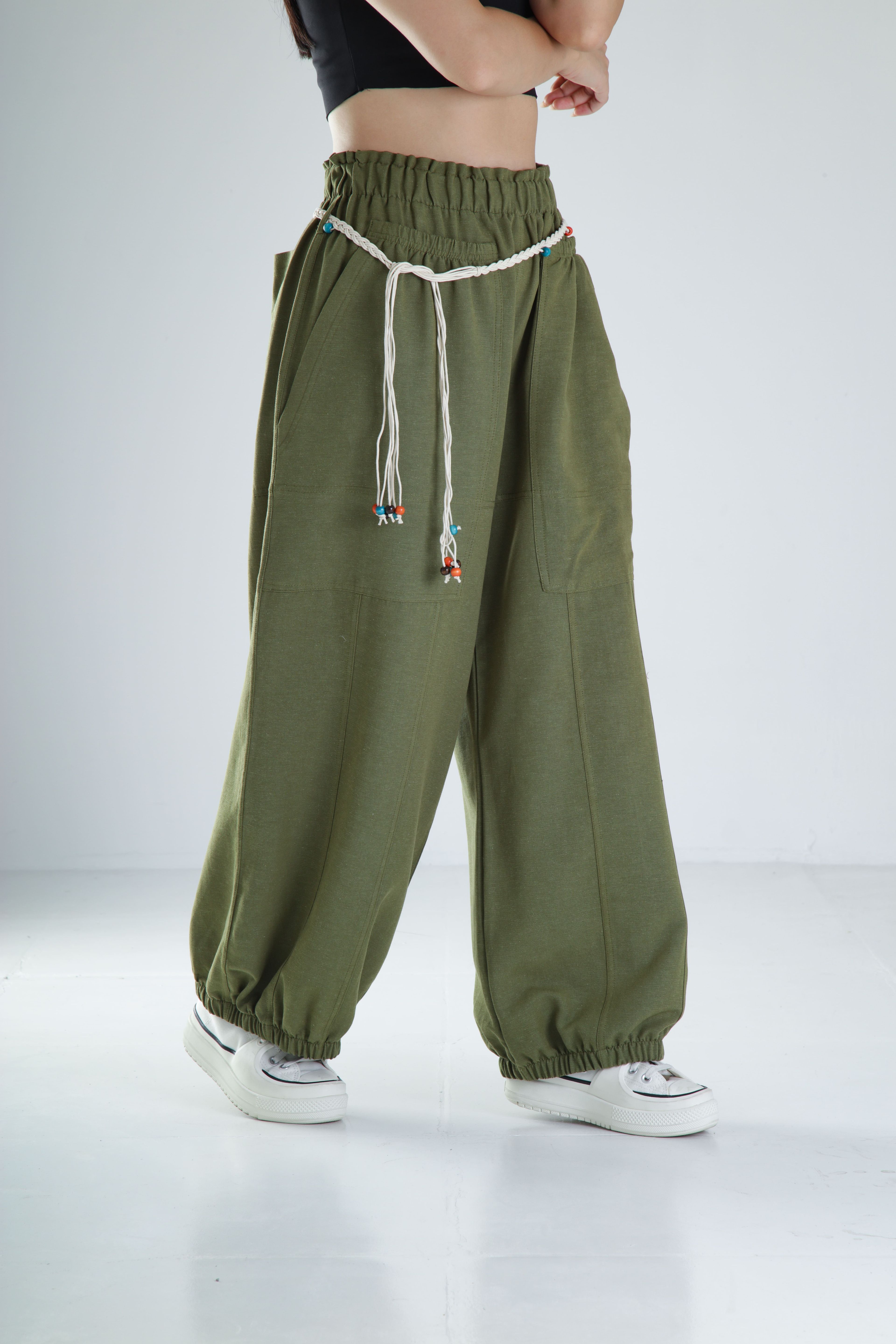 Tasarım Keten Haki Baggy Pantolon