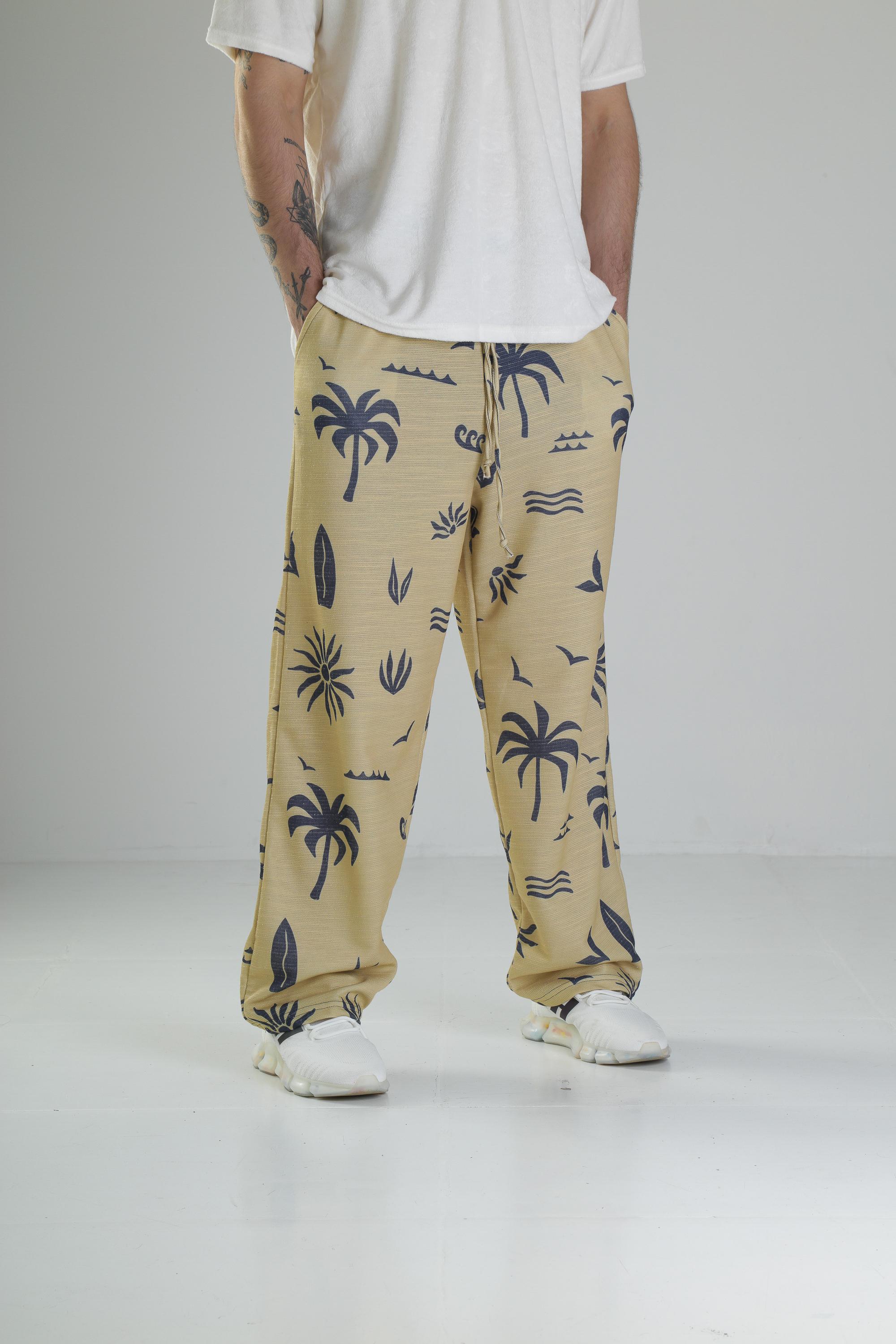 Ağaç Desenli Sarı Baggy Pantolon