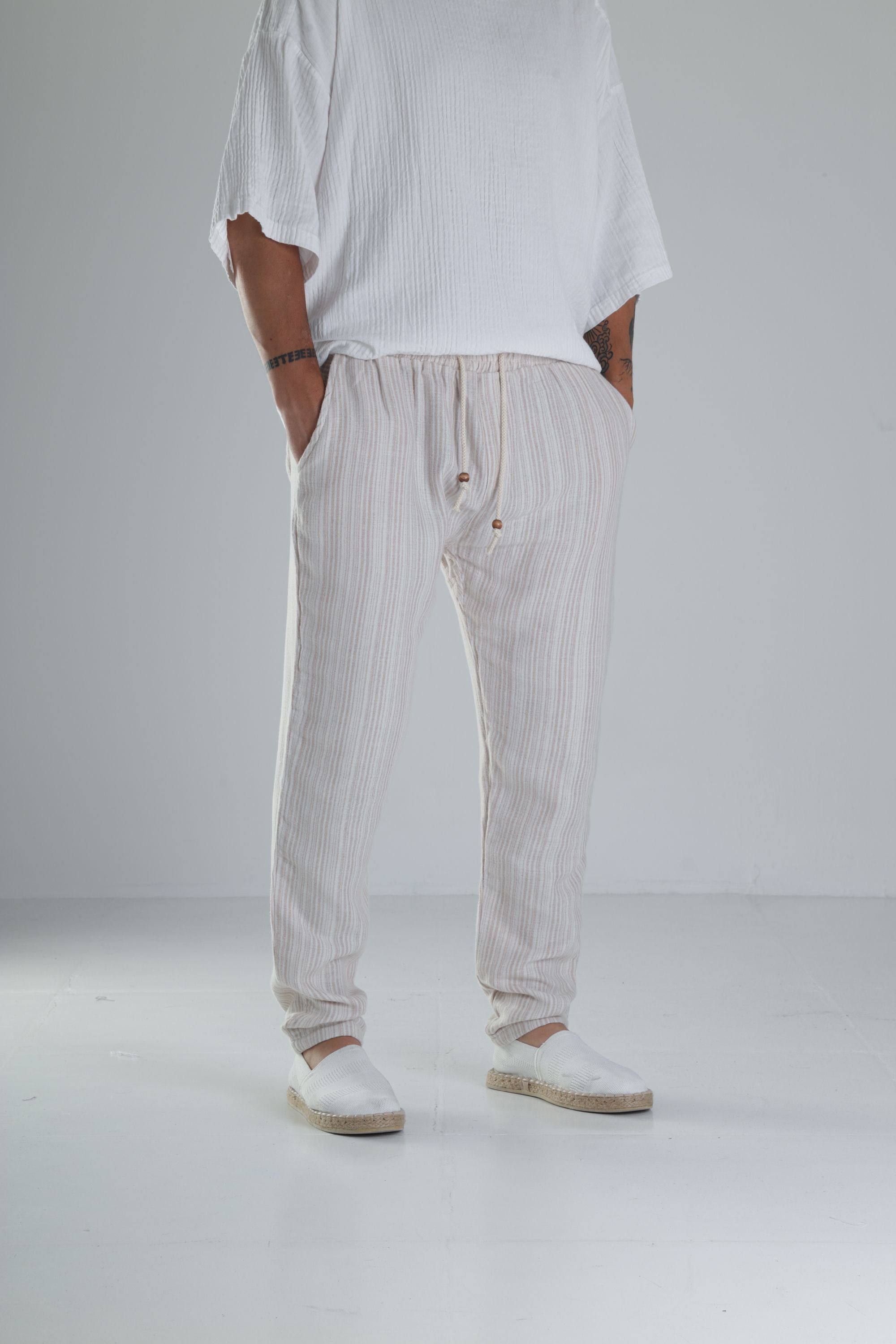 Kahve Çizgili Müslin Keten Baggy Pantolon