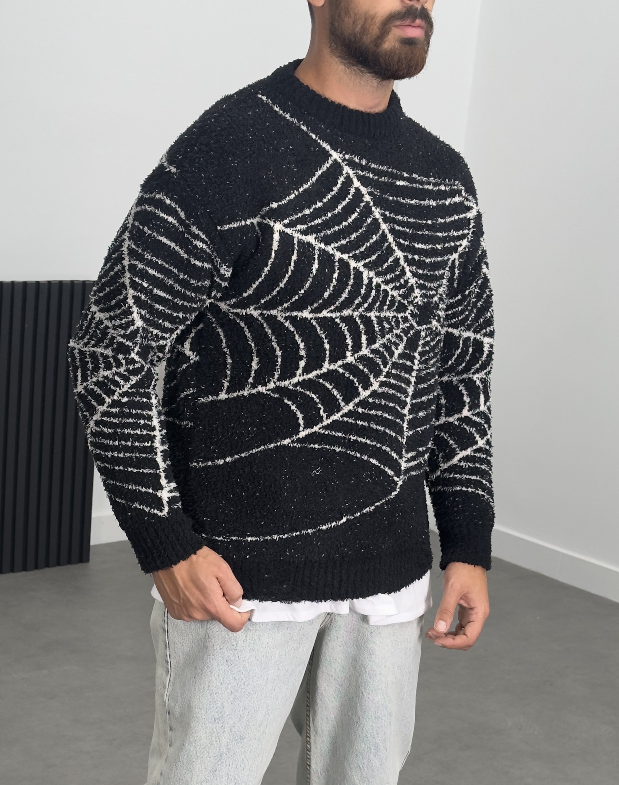 Örümcek Ağı Desenli Siyah Erkek Peluş Sweatshirt