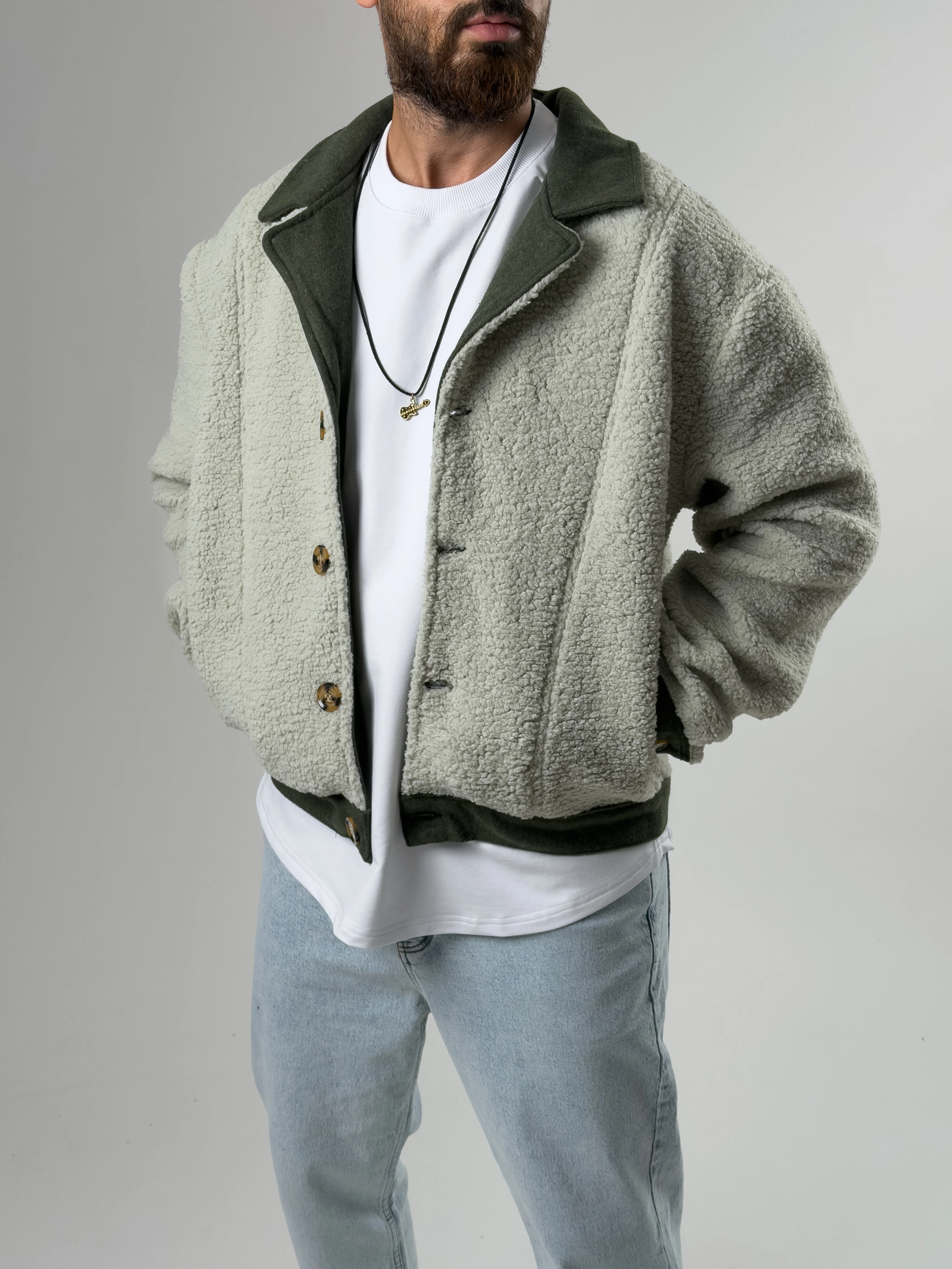 Erkek Kaşe Detaylı Yeşil Peluş Hırka COC2587