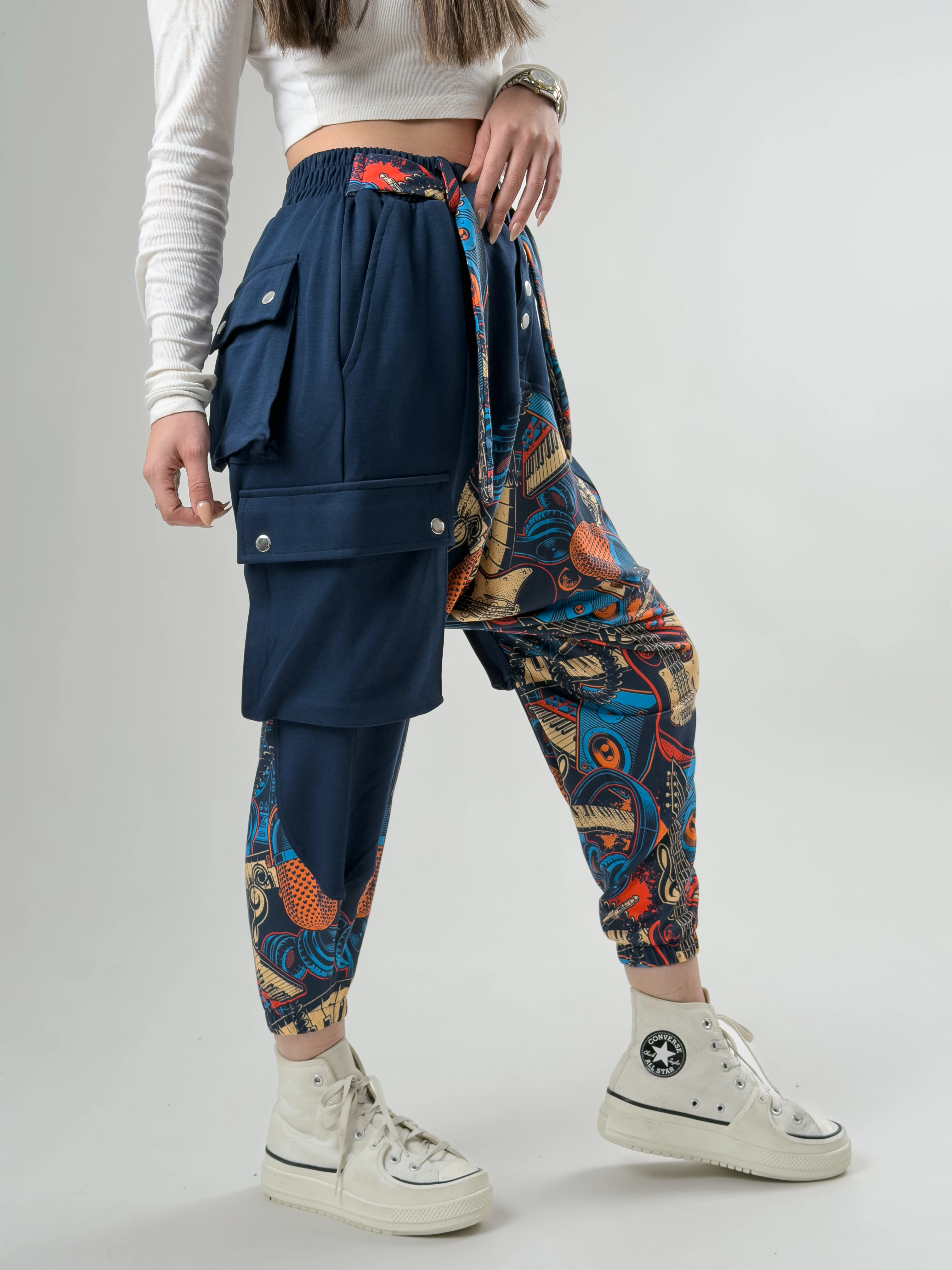 Garni Tasarım Kadın Lacivert Müzik Desenli Spor Şalvar COC2622