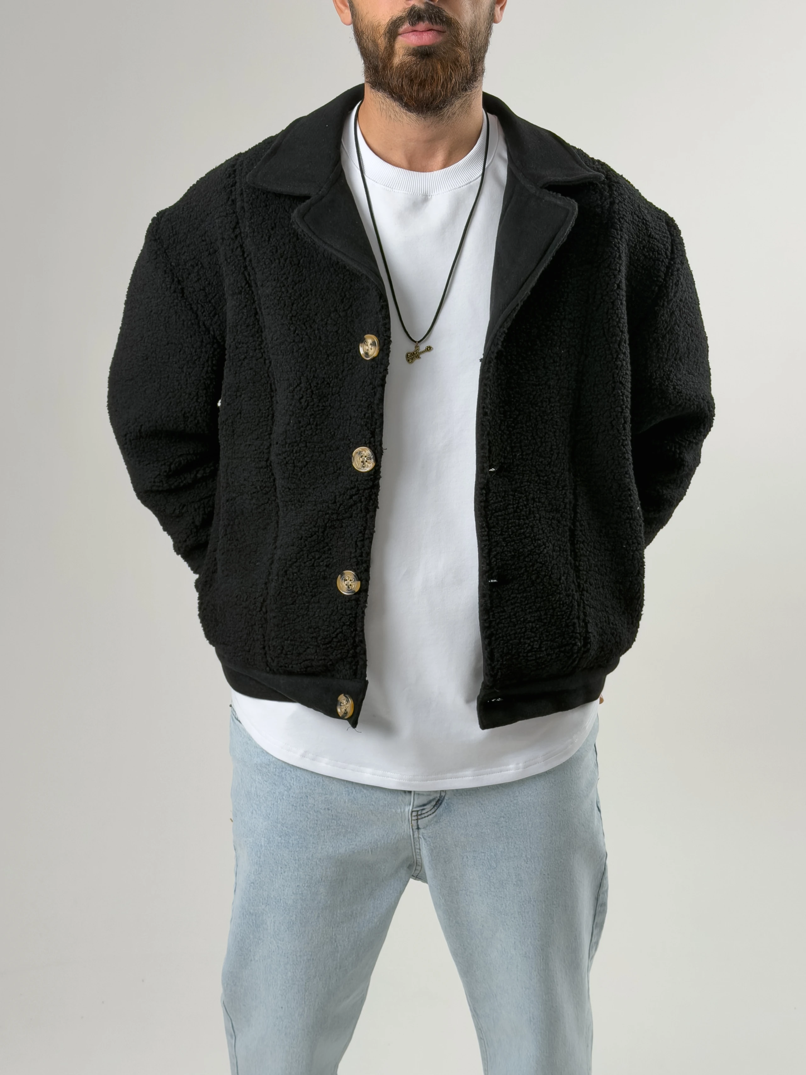 Erkek Kaşe Detaylı Siyah Peluş Hırka COC2586