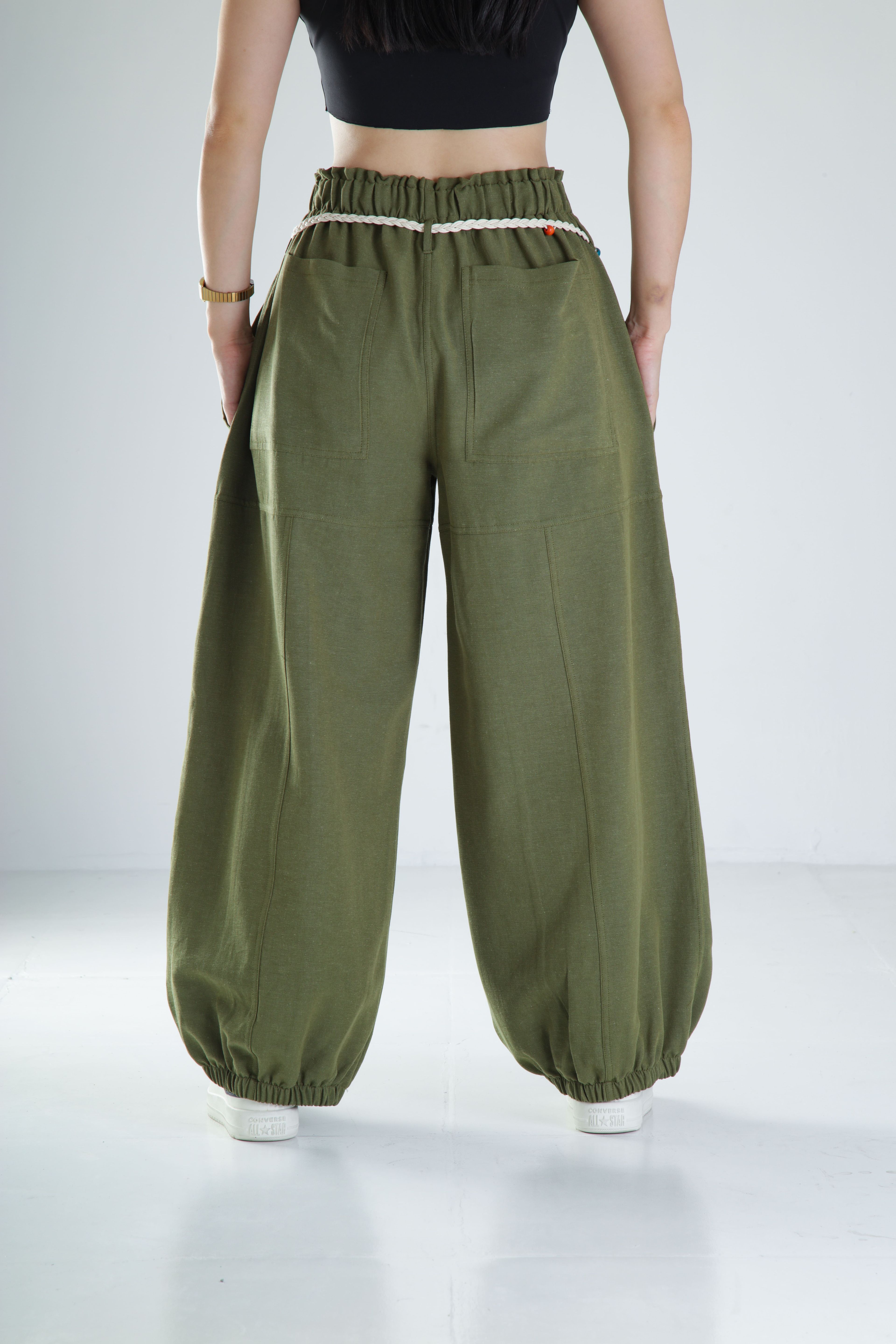 Tasarım Keten Haki Baggy Pantolon