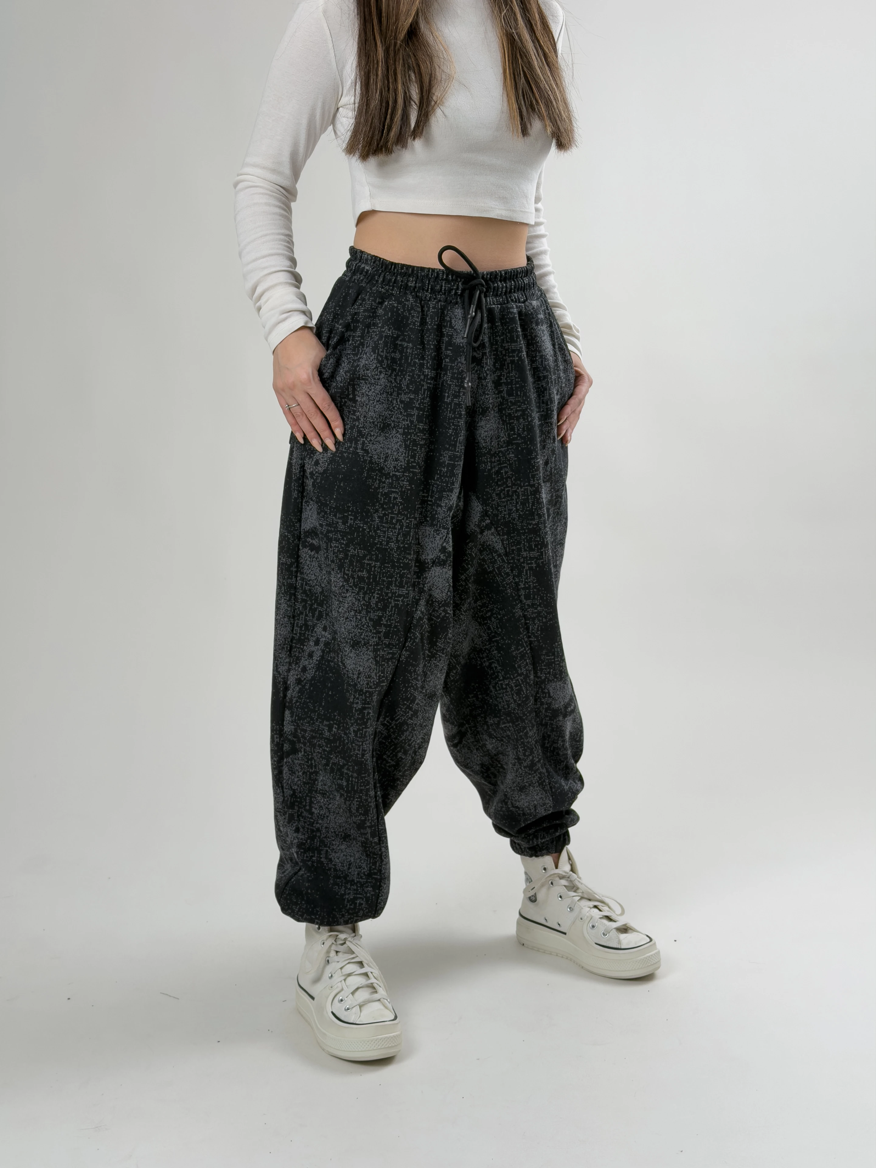 Kadın Siyah Desenli Spor Şalvar COC2623