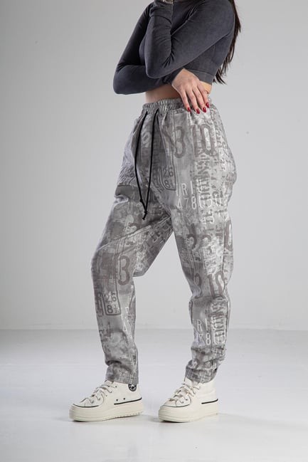Gri Desenli Gabardin Jogger Pantolon