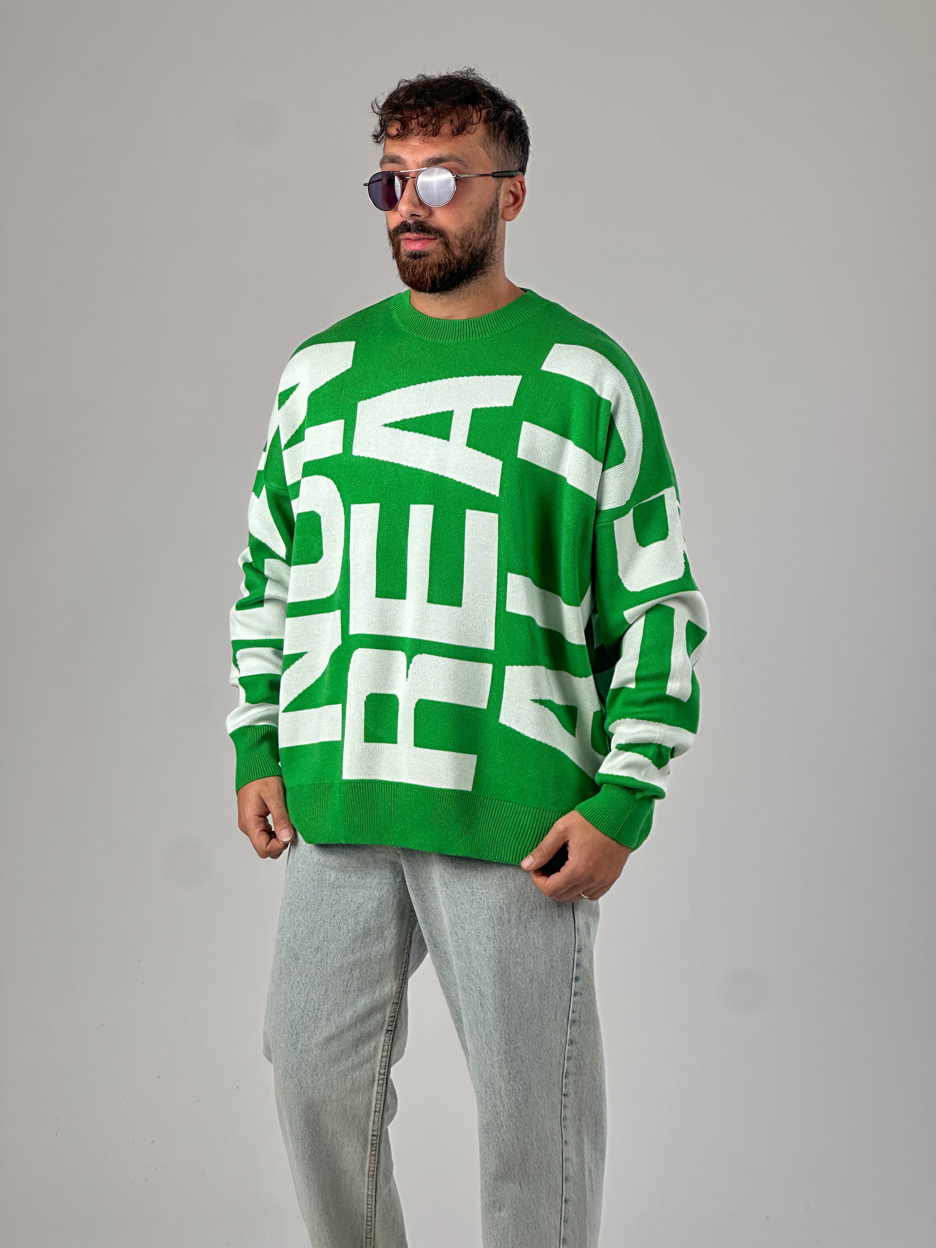 Bold Print Oversize Yeşil Erkek Sweat