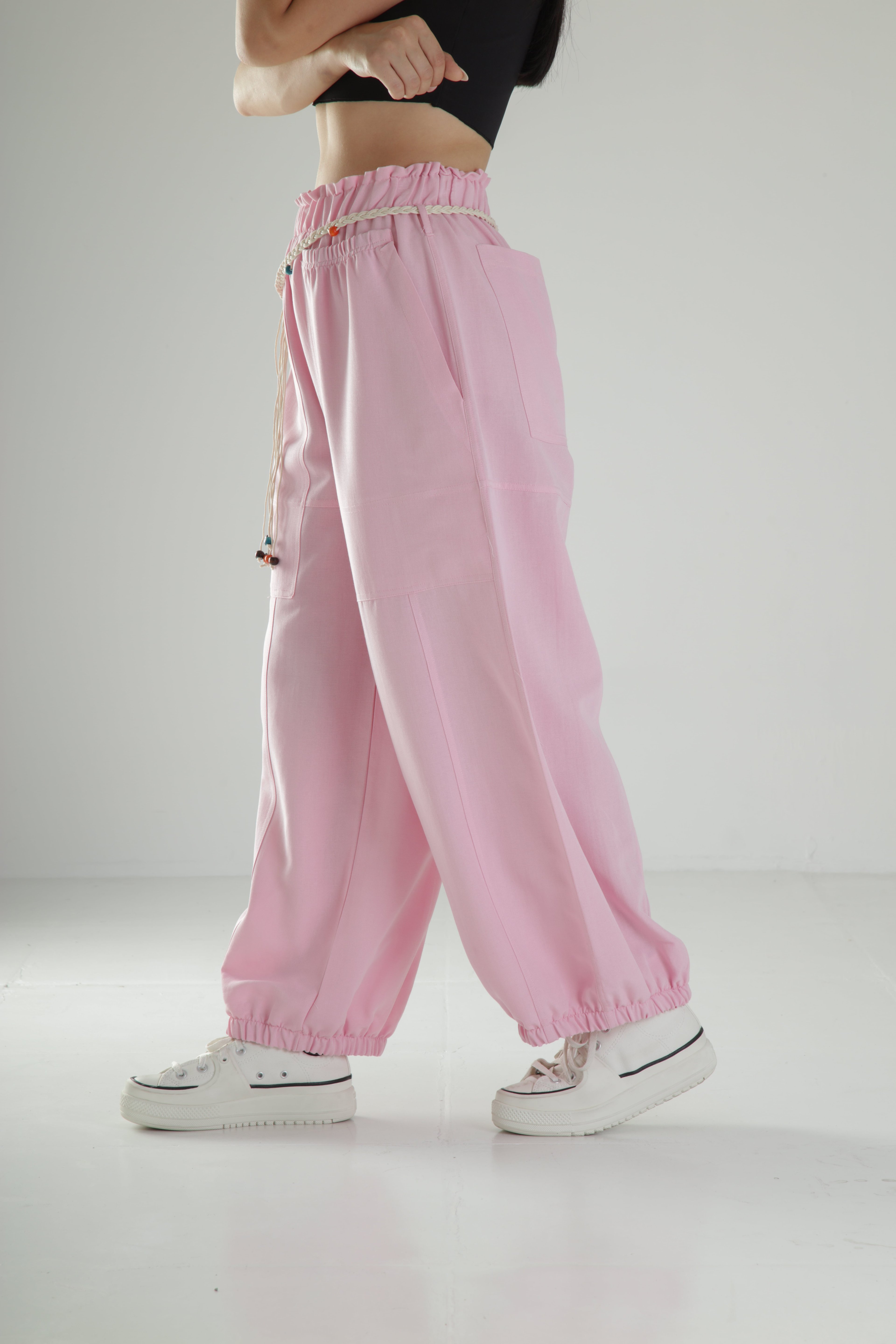 Tasarım Keten Pembe Baggy Pantolon