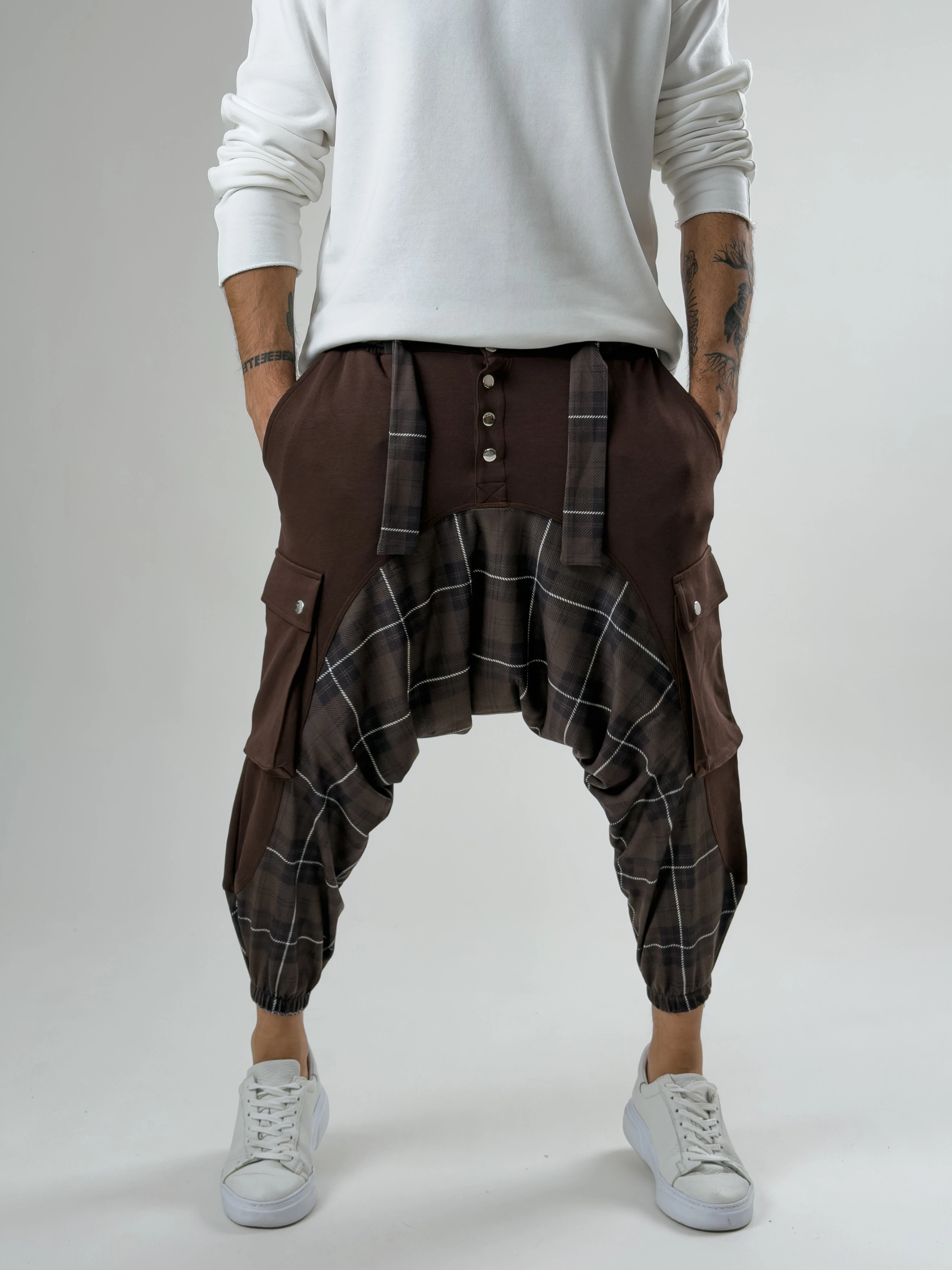 Garni Tasarım Erkek Kahverengi Etnik Desenli Spor Şalvar COC2616