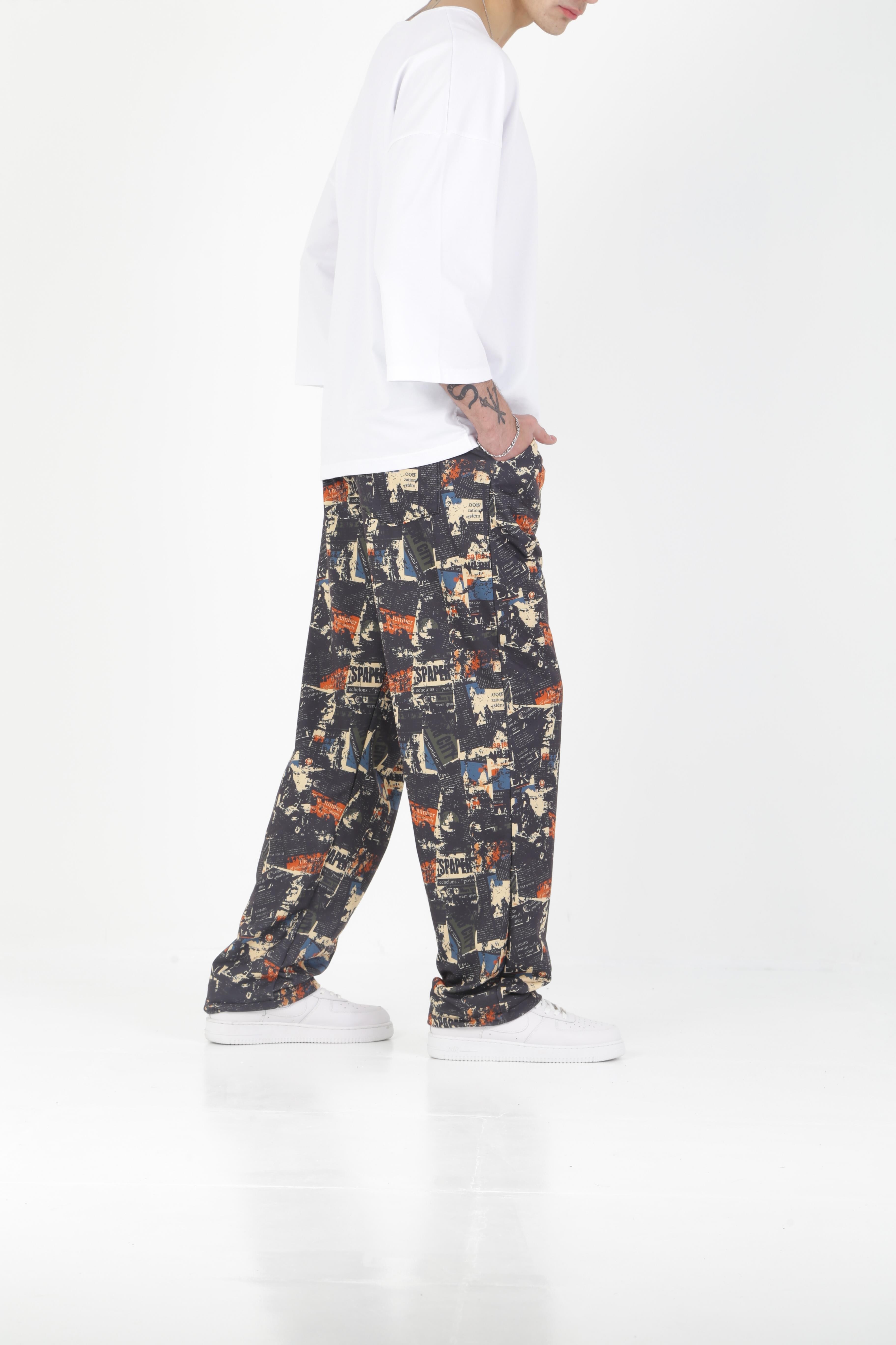 Gazete Desenli Baggy Pantolon