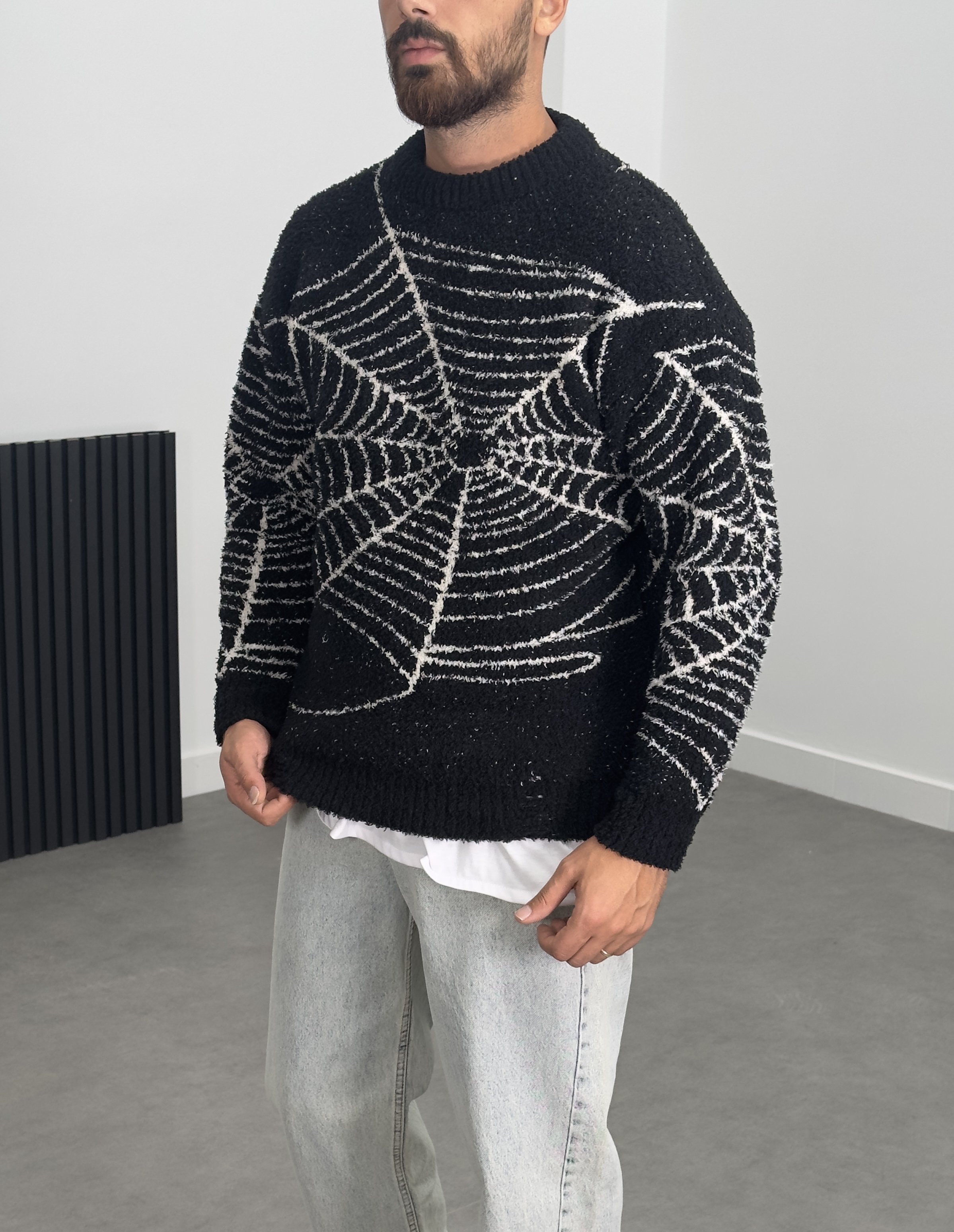 Örümcek Ağı Desenli Siyah Erkek Peluş Sweatshirt