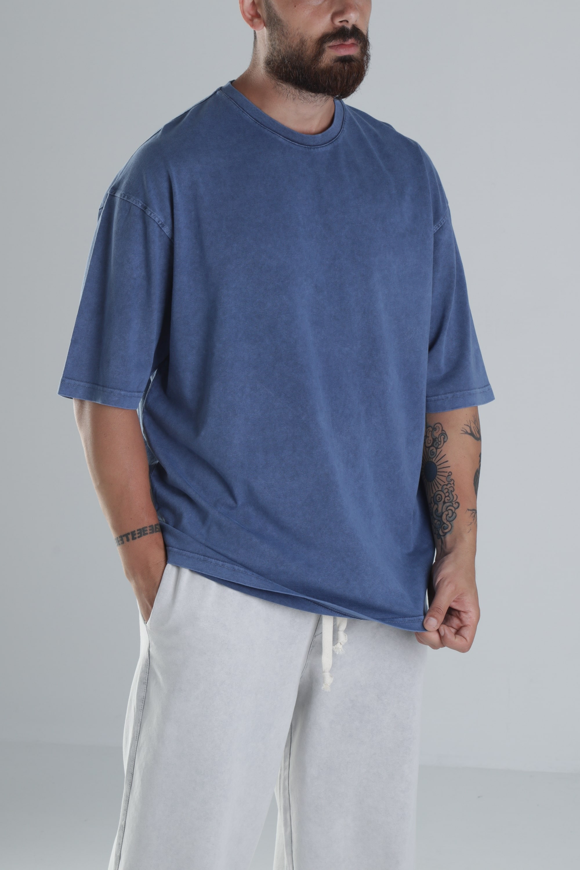 Yıkamalı Mavi Oversize T-Shirt