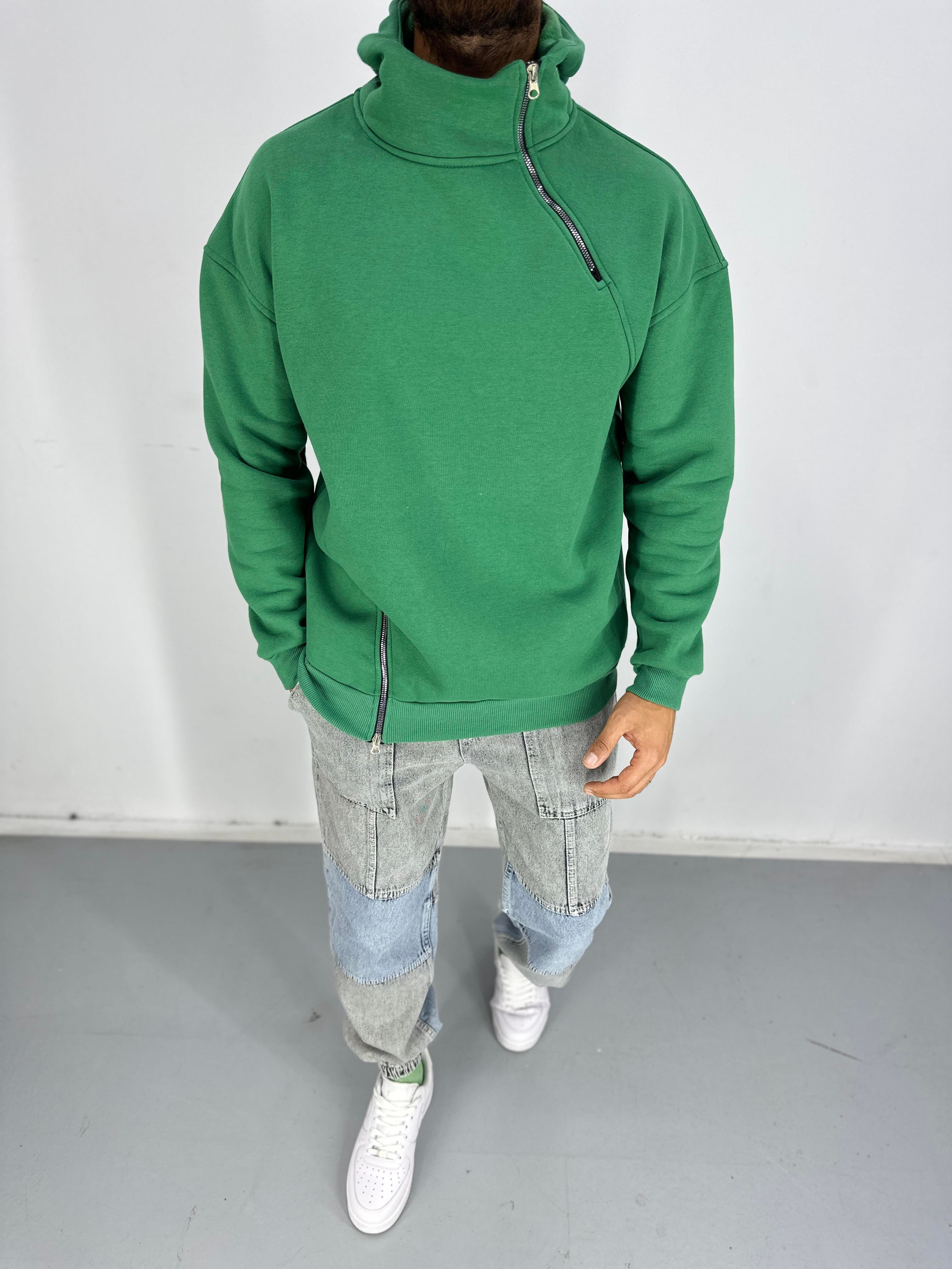 Erkek Üç İplik Şardonlu Fermuarlı Yeşil Hoodie