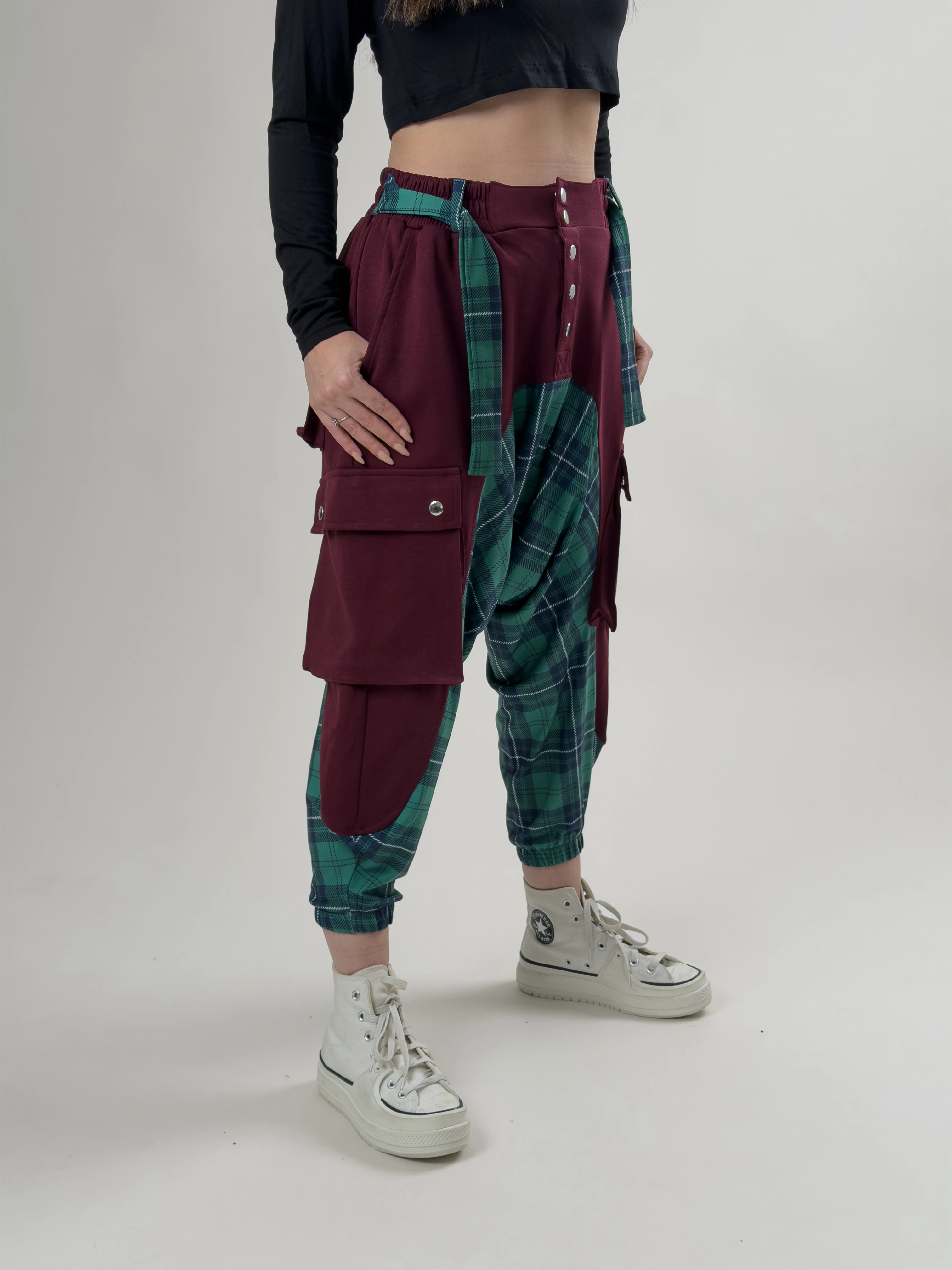 Garni Tasarım Kadın Bordo Ekose Desenli Spor Şalvar COC2620