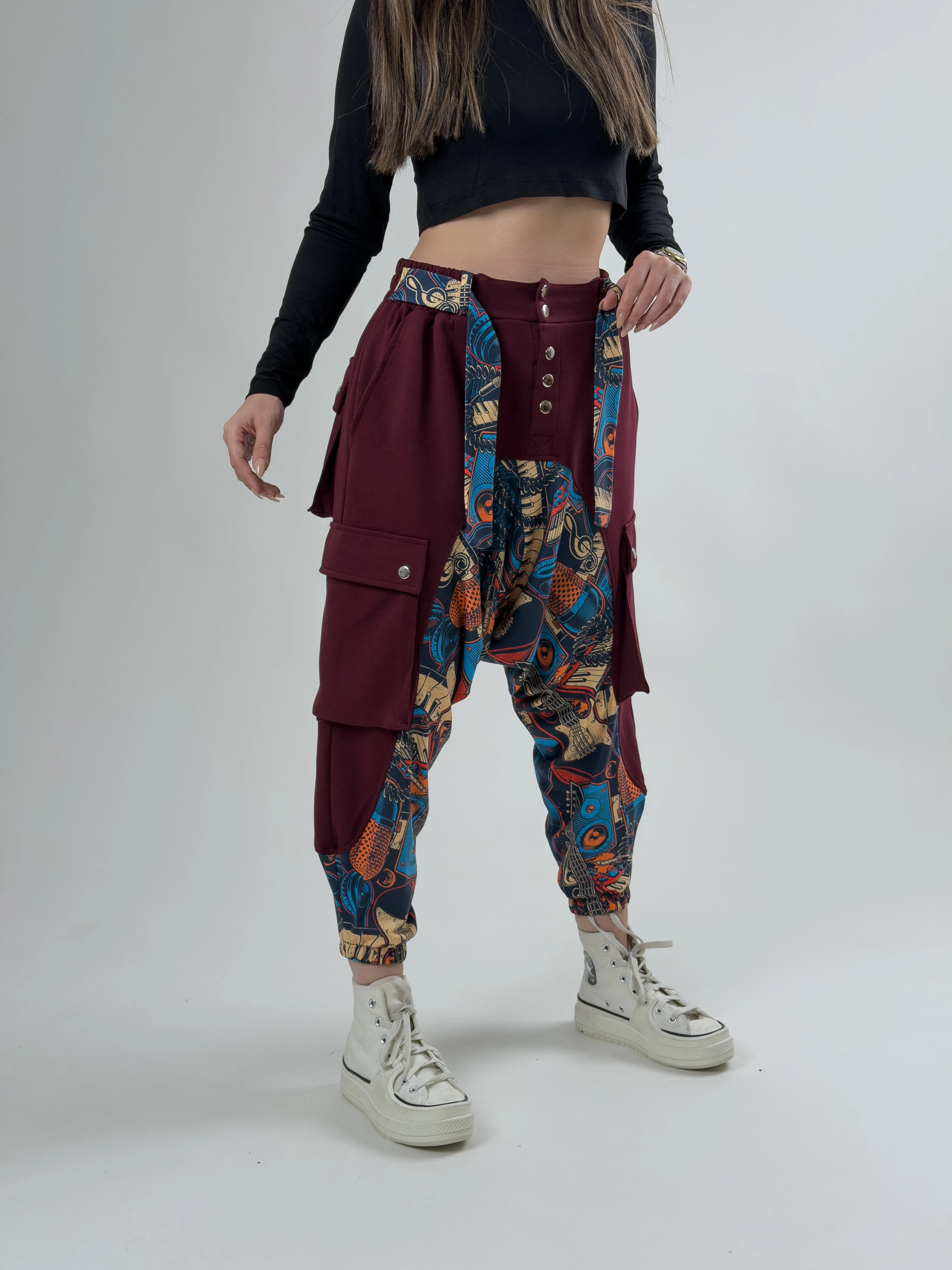 Garni Tasarım Kadın Bordo Müzik Desenli Spor Şalvar COC2621