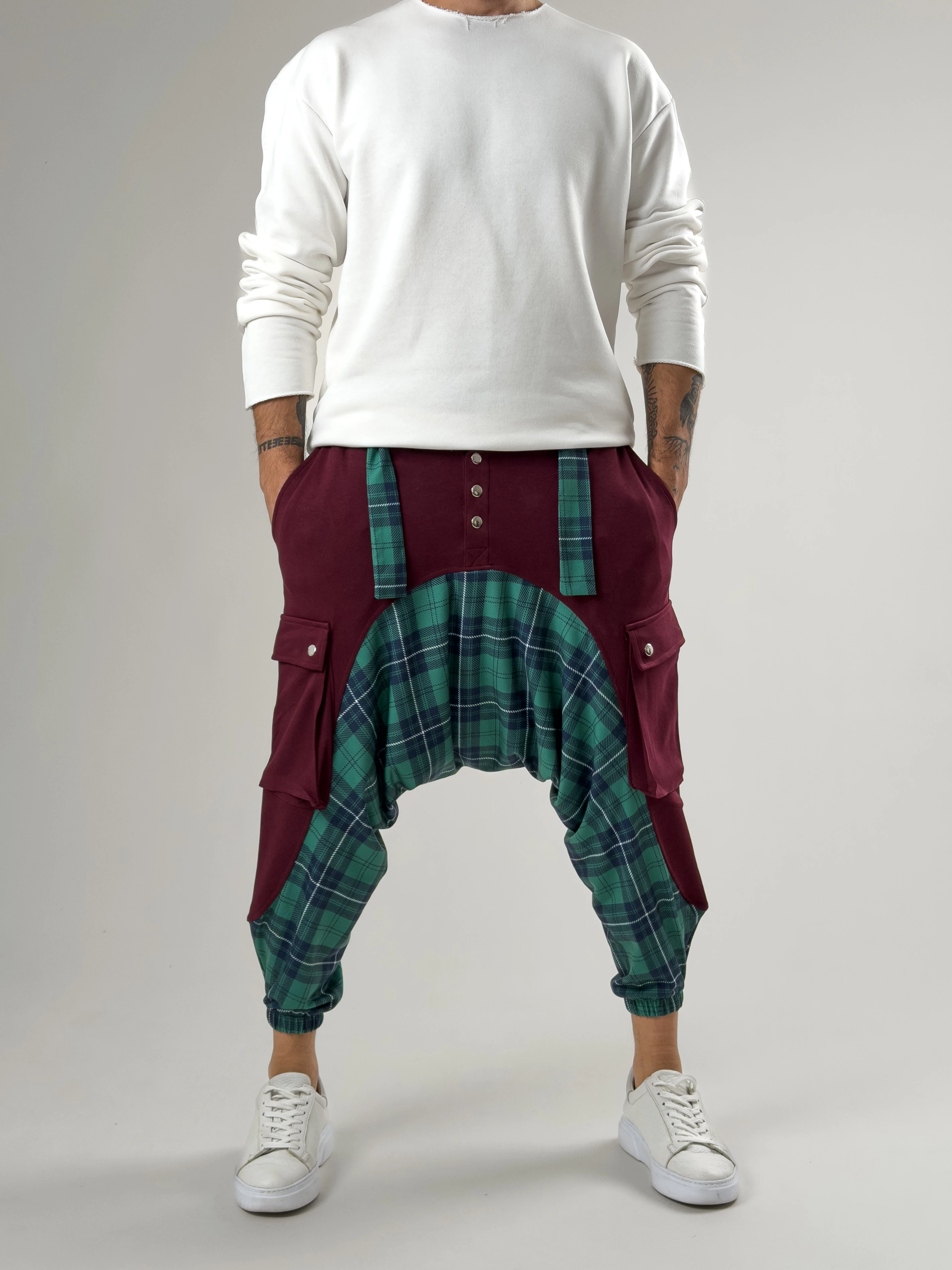 Garni Tasarım Erkek Bordo Etnik Desenli Spor Şalvar COC2614