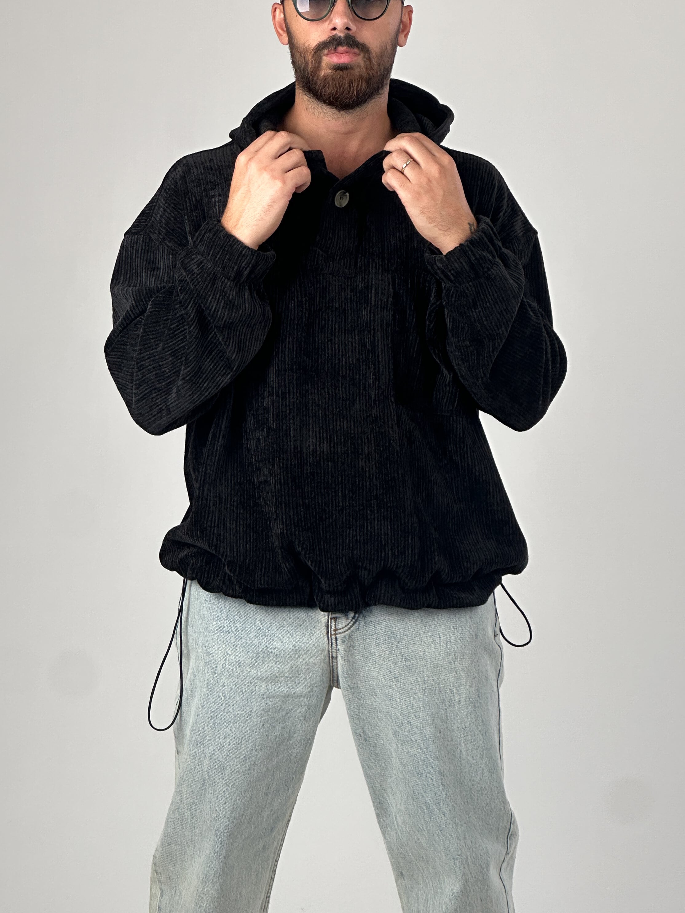 Kadife Dokulu Siyah Oversize Kapüşonlu Erkek Sweatshirt
