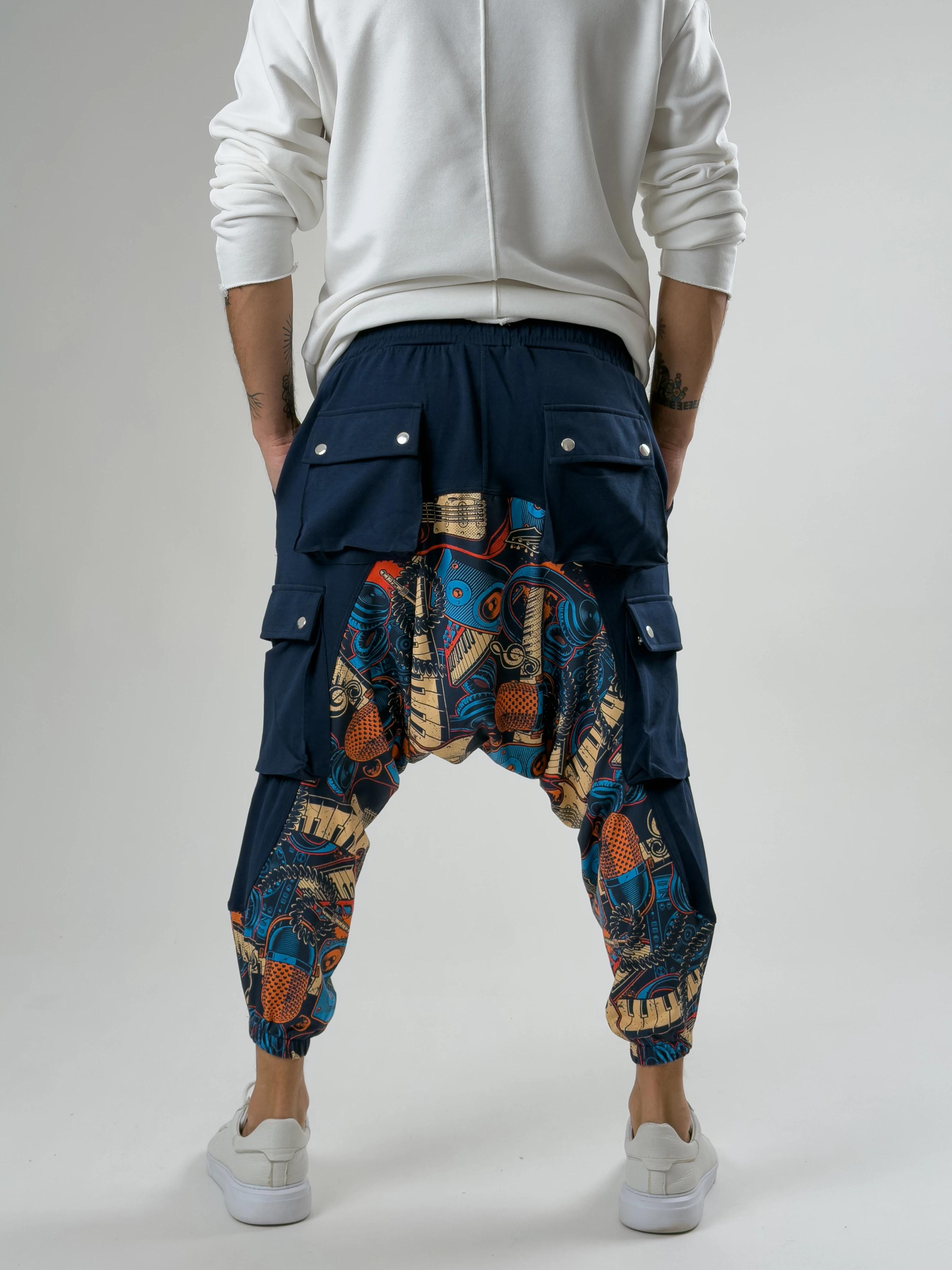 Garni Tasarım Erkek Müzik Desenli Lacivert Spor Şalvar COC2617