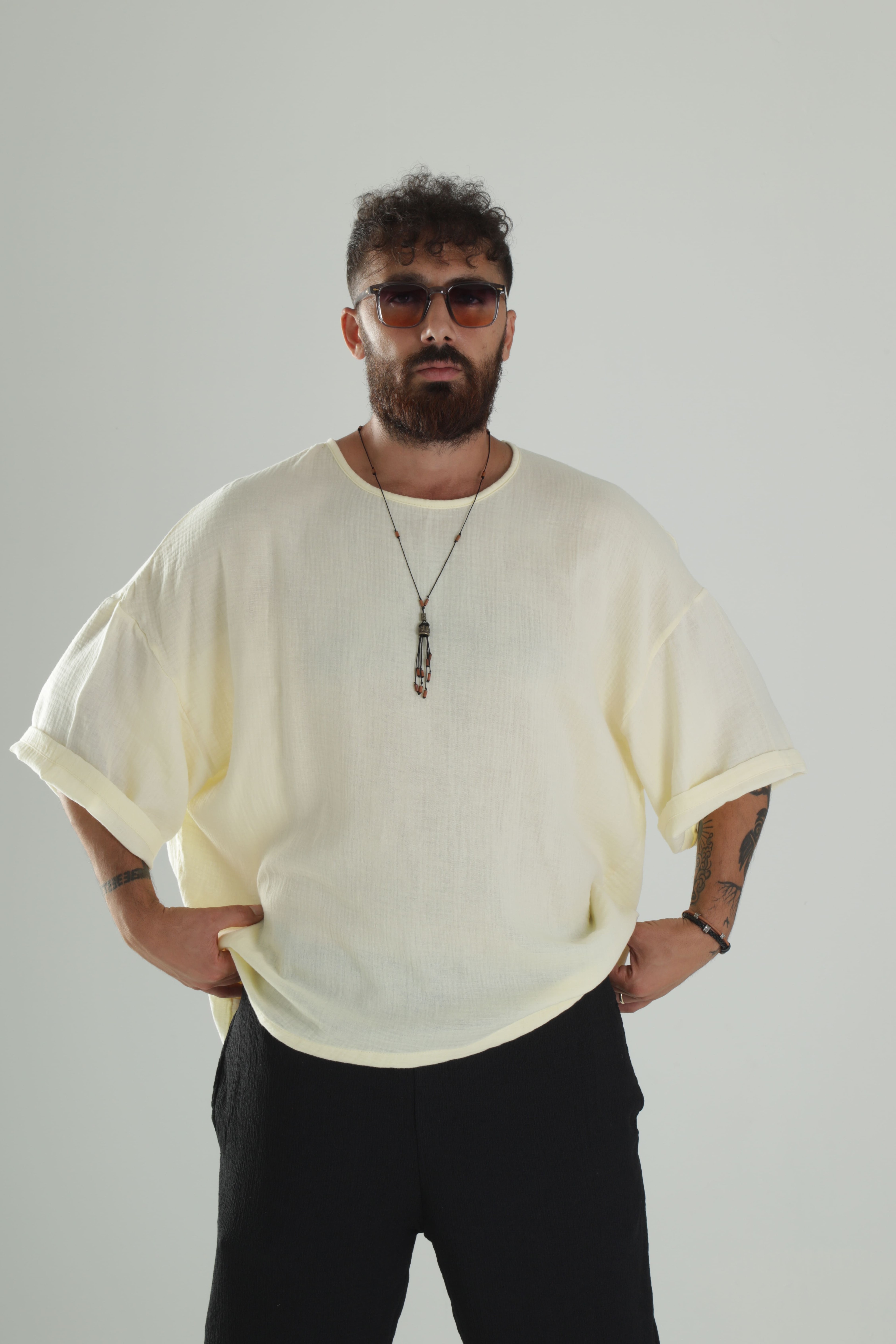 Sarı Müslin Kumaş Oversize Fakir Kol T-Shirt