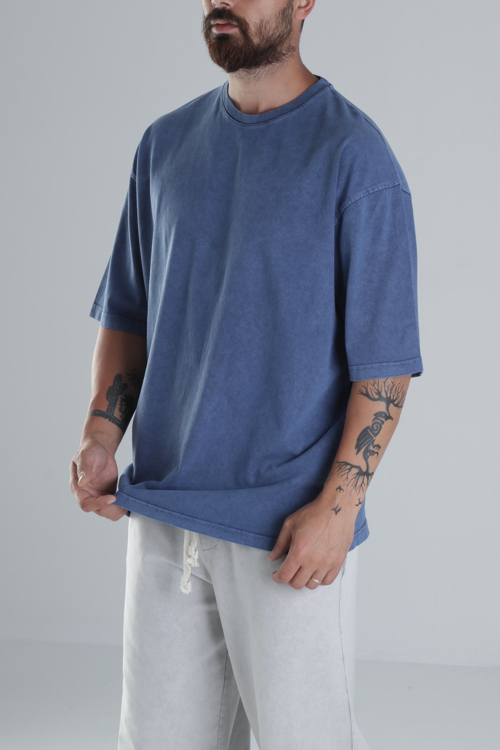 Yıkamalı Mavi Oversize T-Shirt