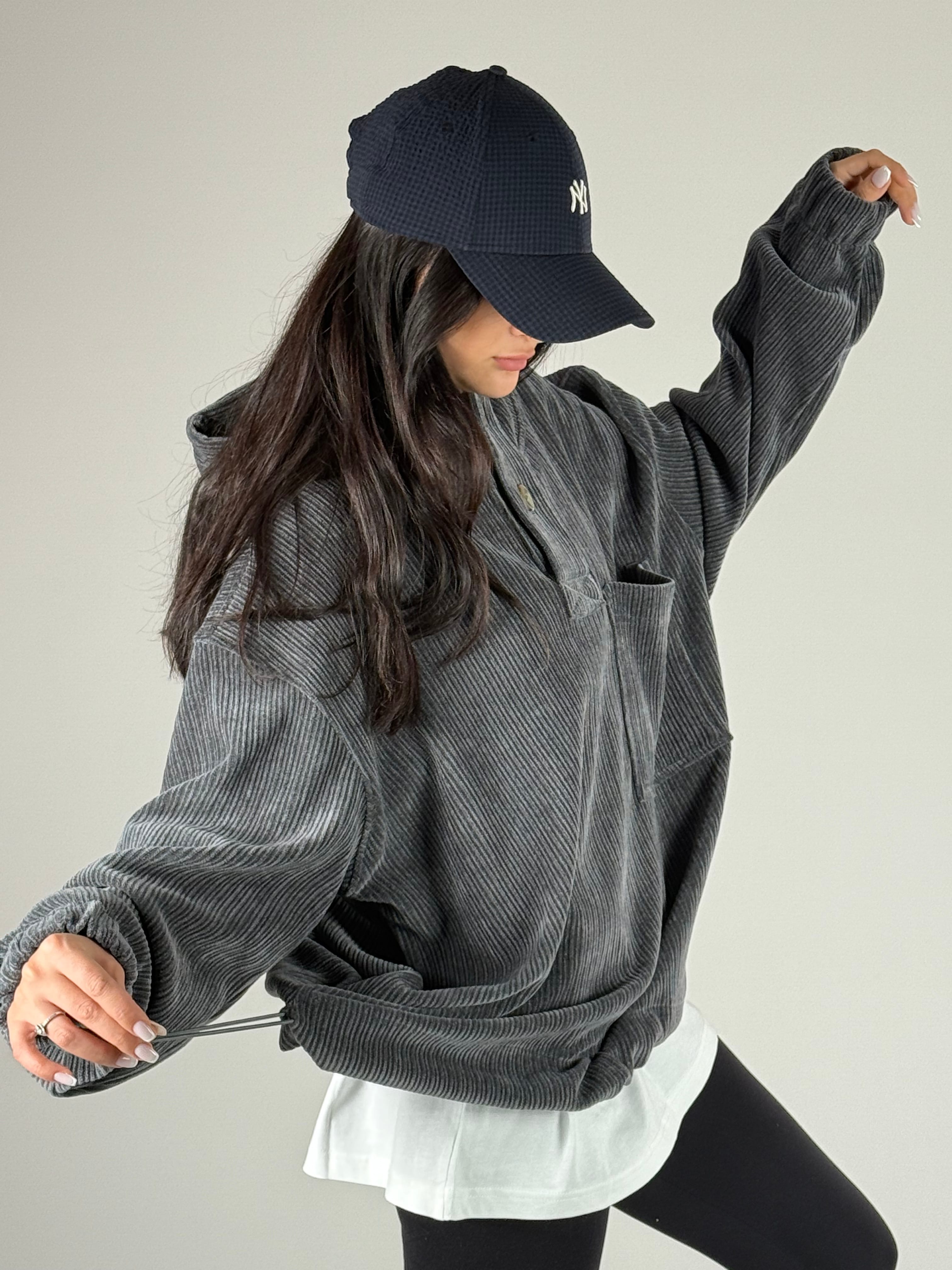 Kadife Dokulu Antrasit Oversize Kapüşonlu Kadın Sweatshirt