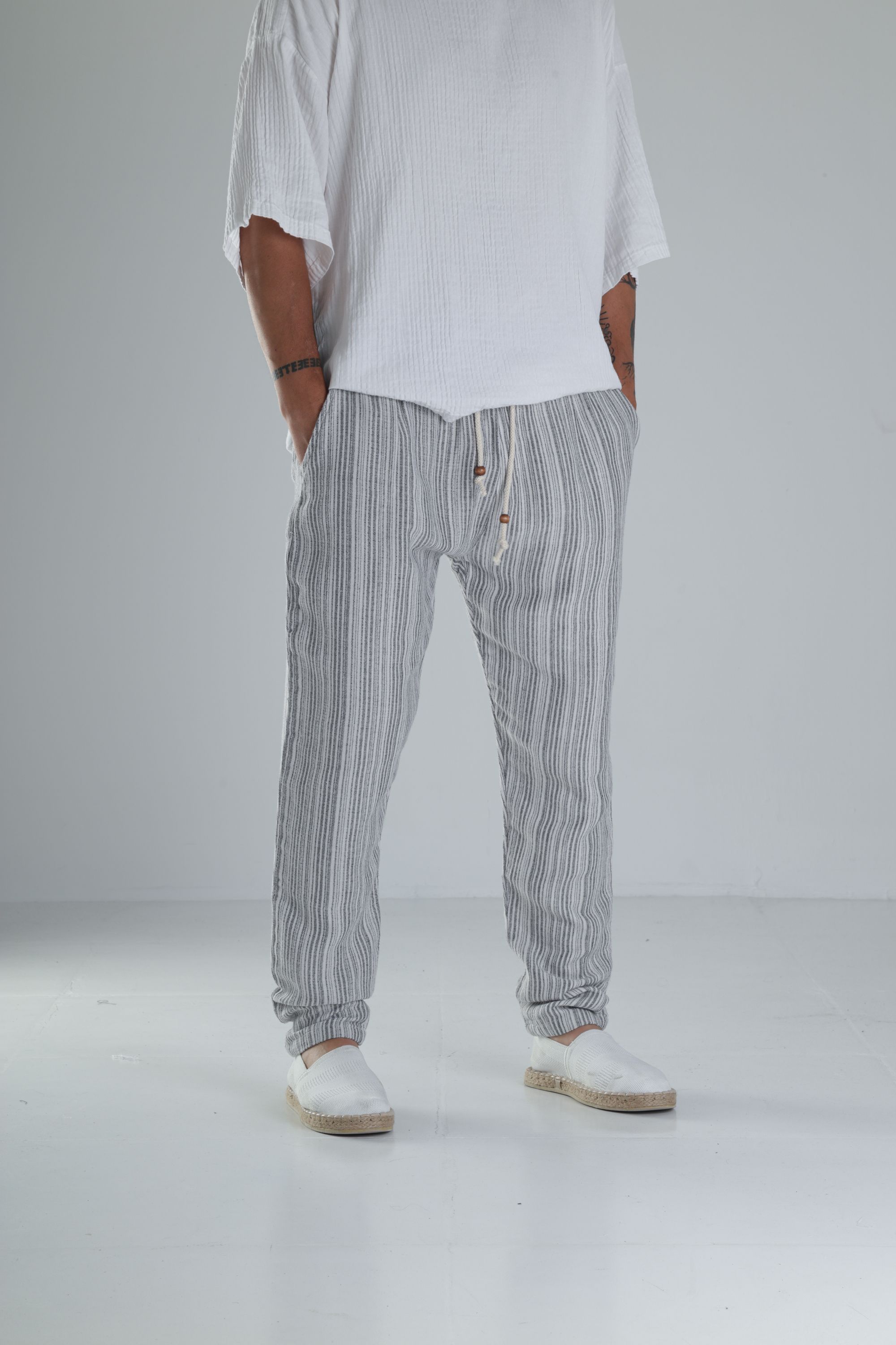 Gri Çizgili Müslin Keten Baggy Pantolon