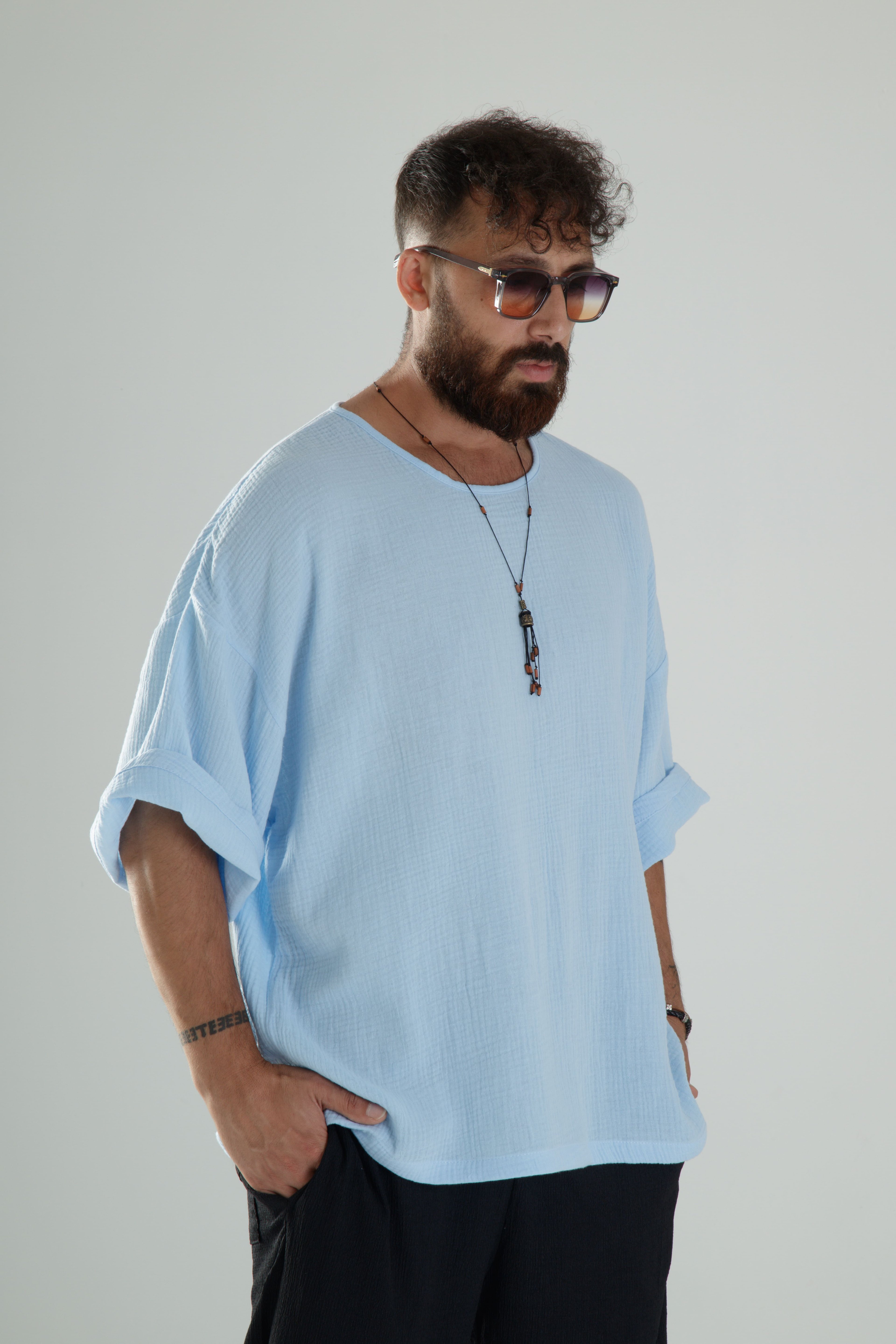 Mavi Müslin Kumaş Oversize Fakir Kol T-Shirt