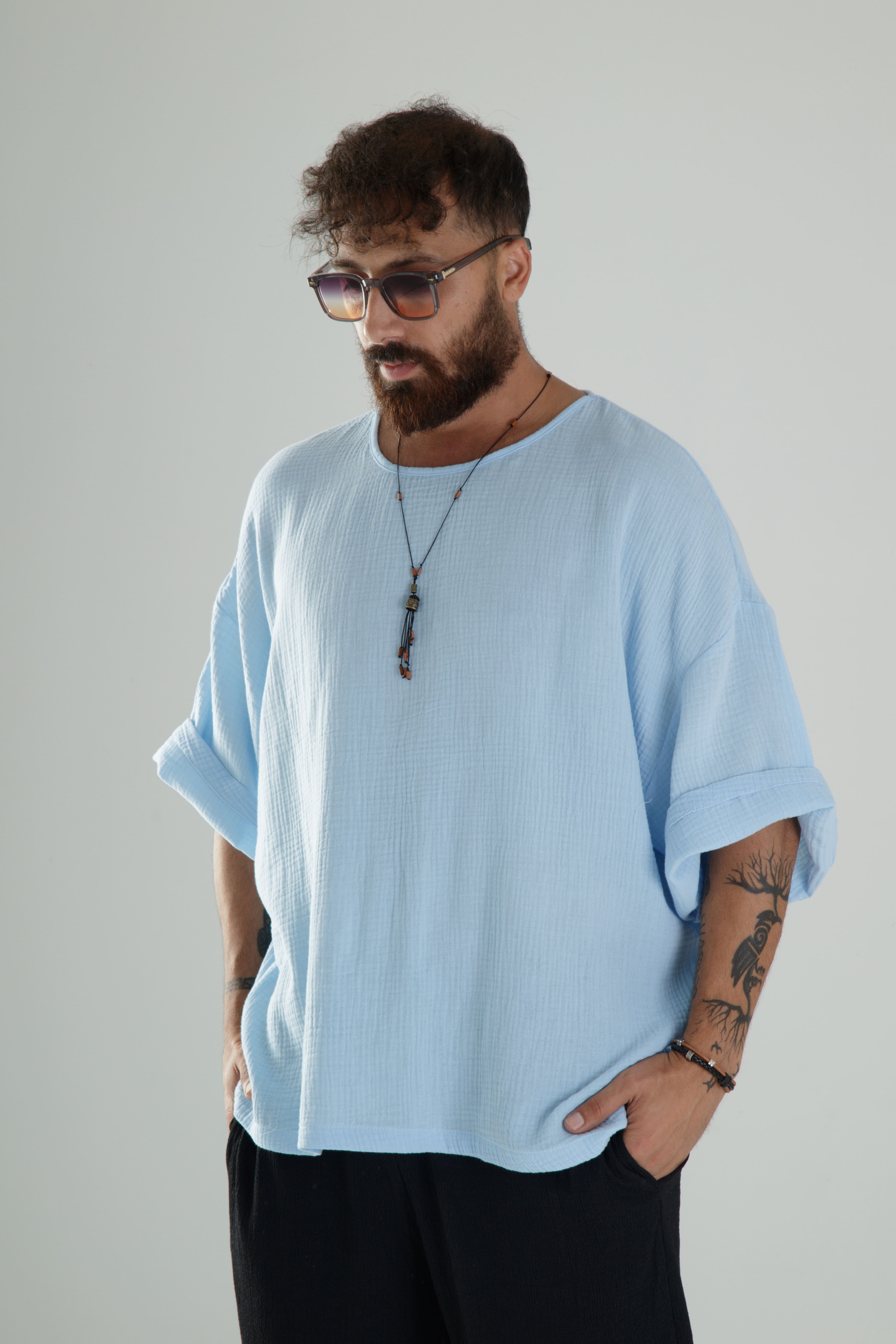 Mavi Müslin Kumaş Oversize Fakir Kol T-Shirt