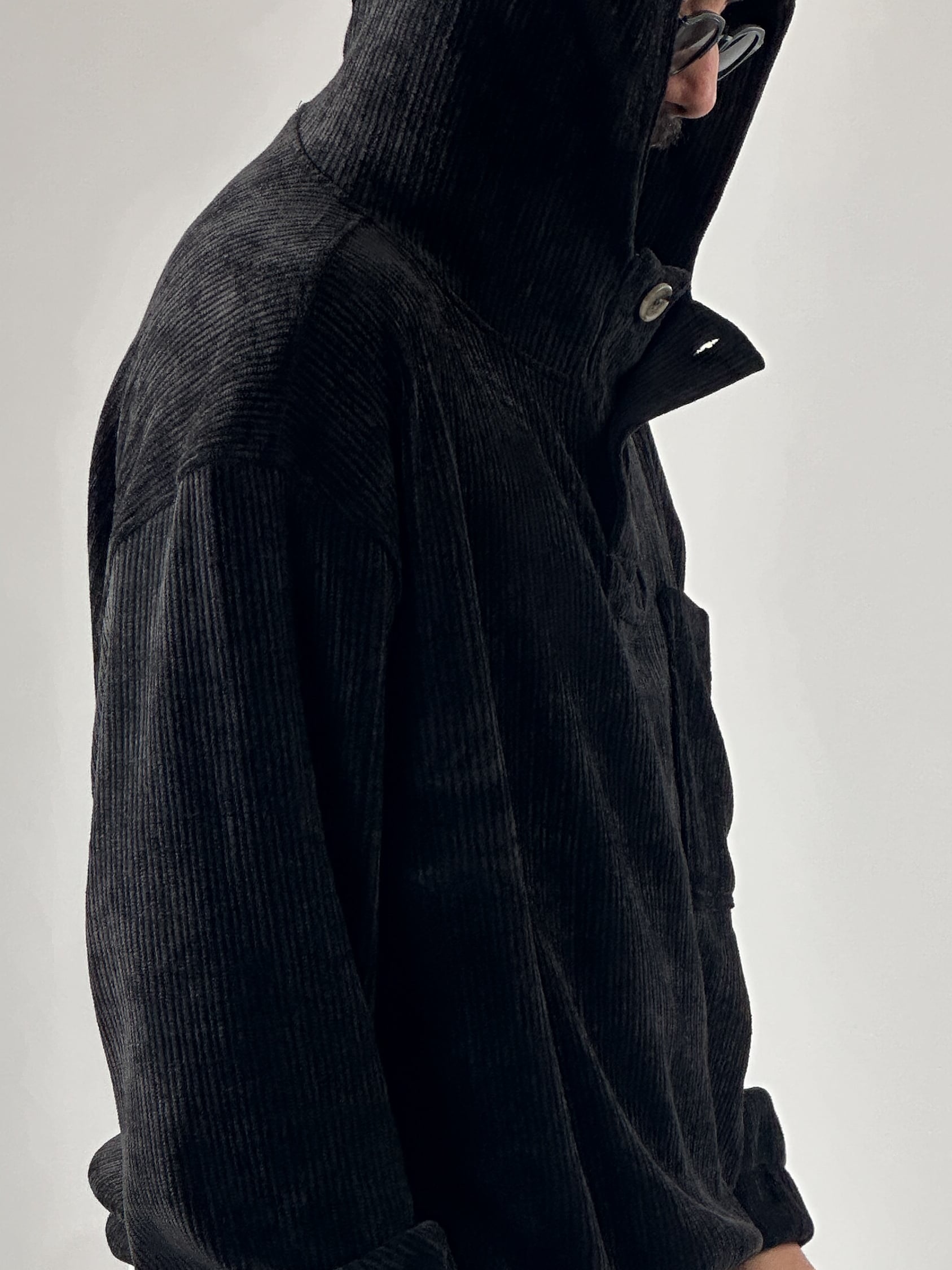 Kadife Dokulu Siyah Oversize Kapüşonlu Erkek Sweatshirt