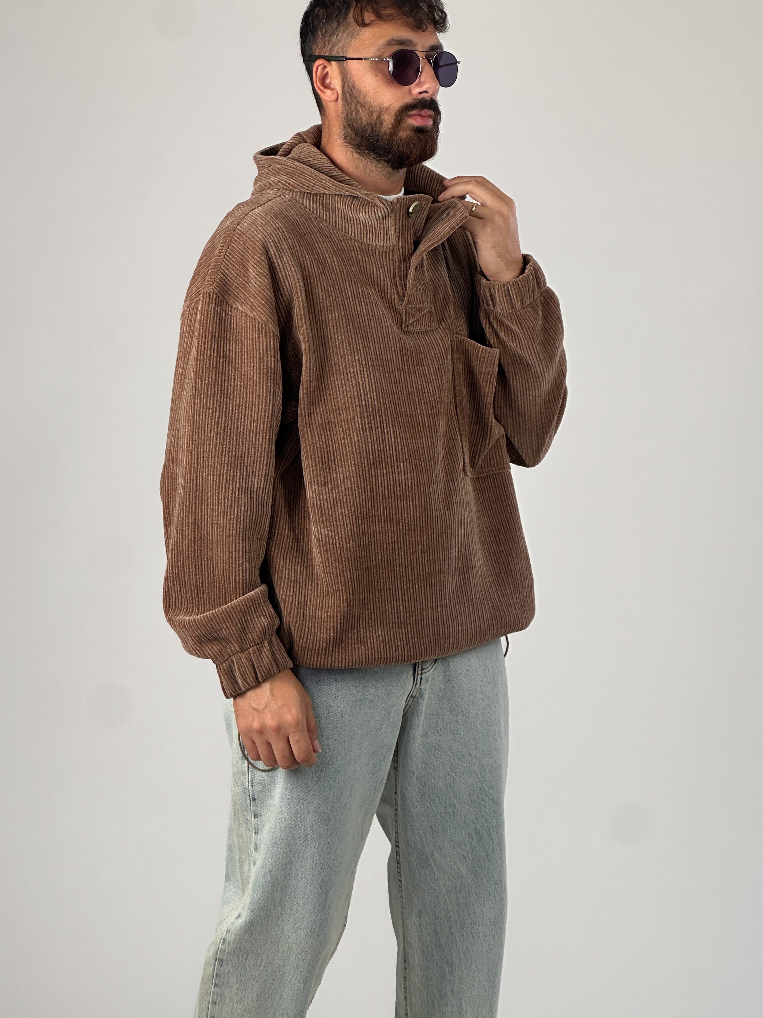 Kadife Dokulu Kahve Oversize Kapüşonlu Erkek Sweatshirt
