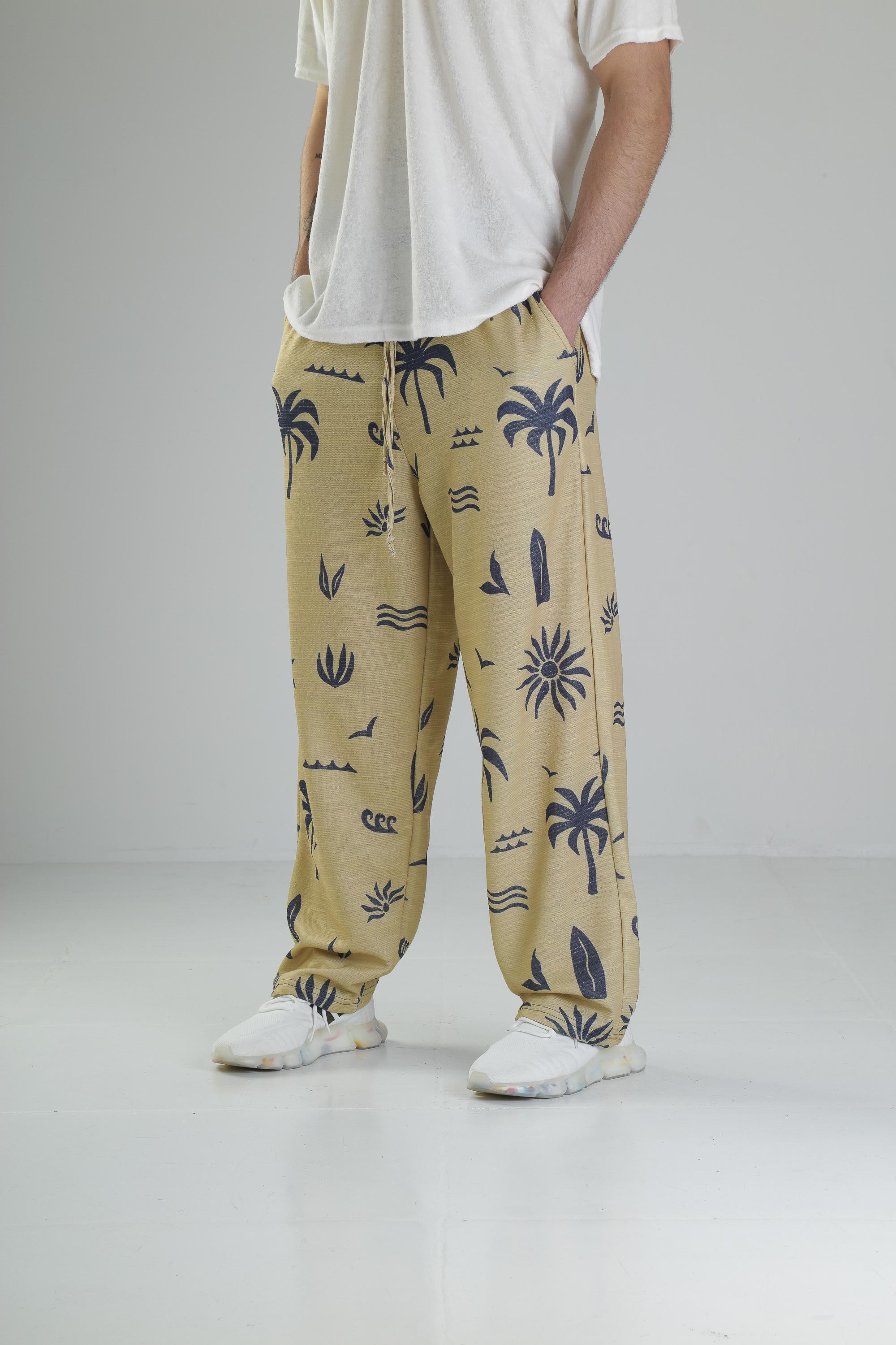 Ağaç Desenli Sarı Baggy Pantolon