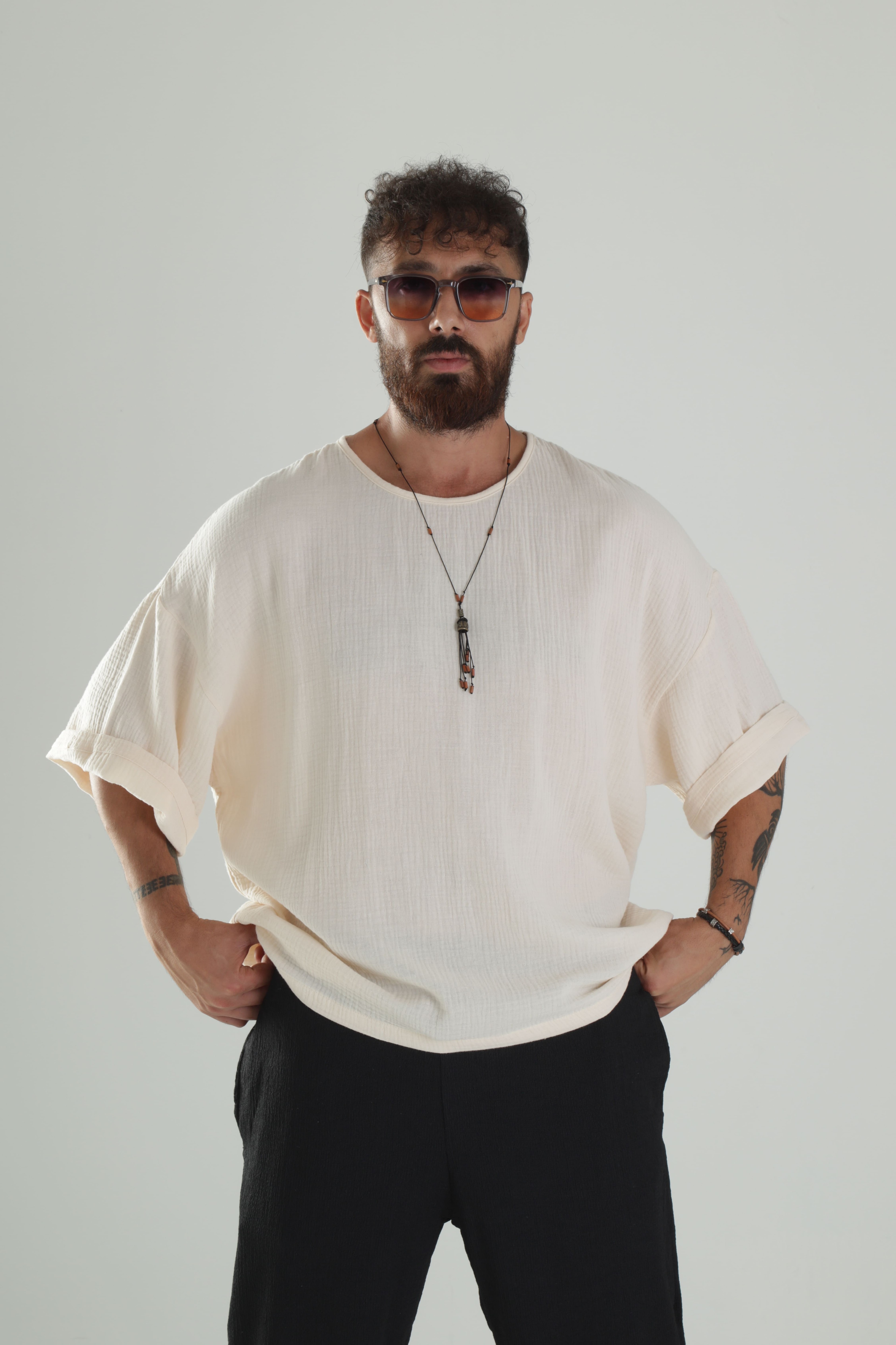 Bej Müslin Kumaş Oversize Fakir Kol T-Shirt