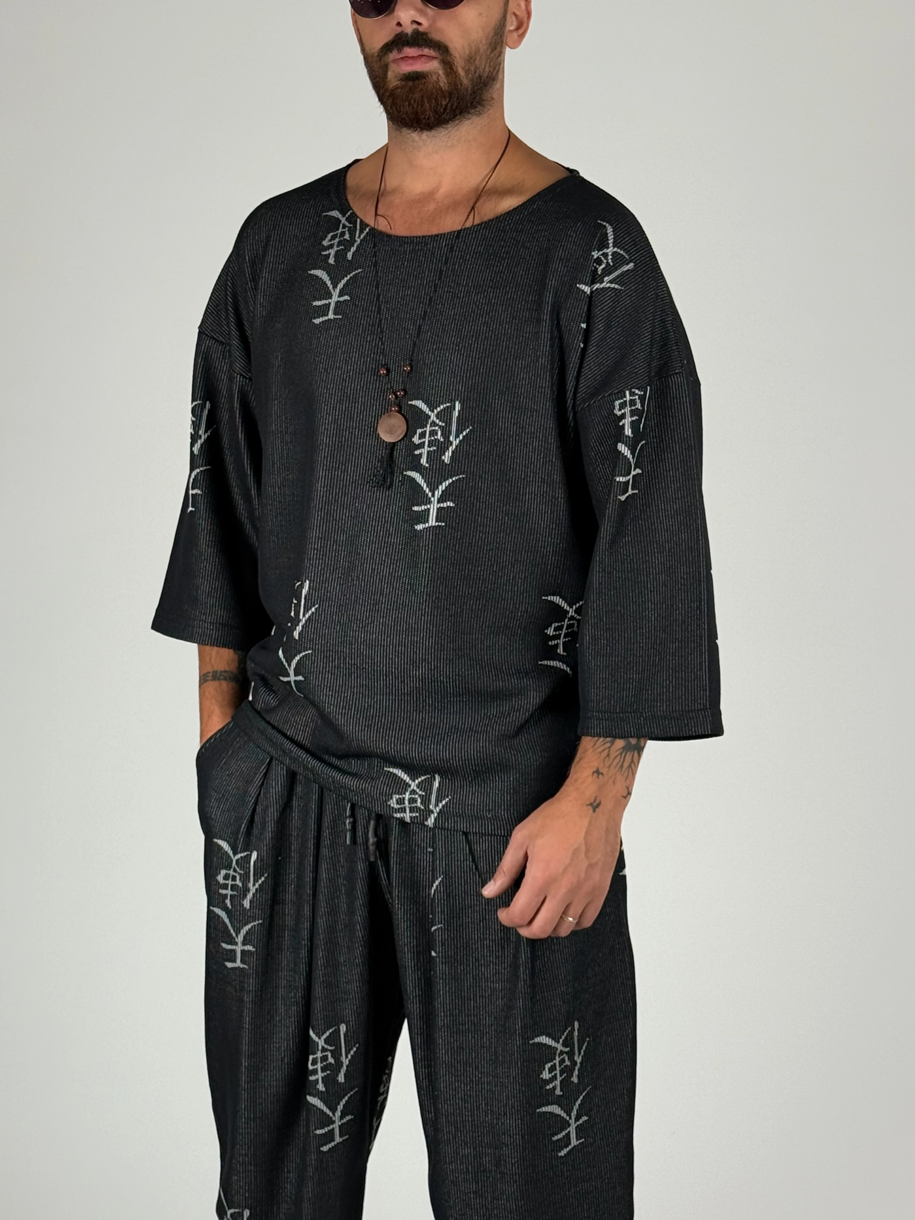 Erkek Chinese Desenli Fakir Kol Oversize T-Shirt COC2566