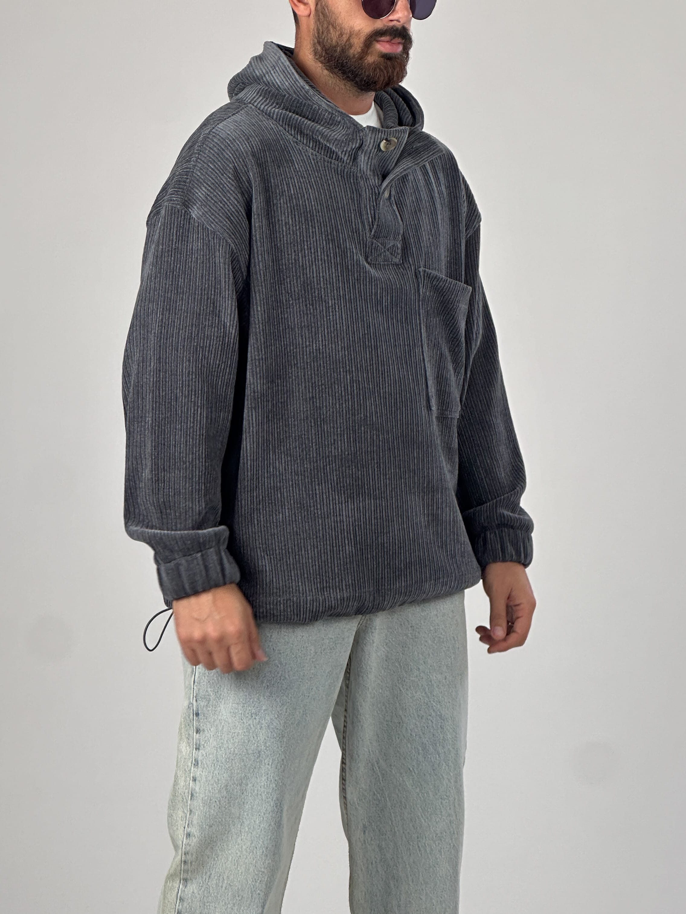 Kadife Dokulu Antrasit Oversize Kapüşonlu Erkek Sweatshirt